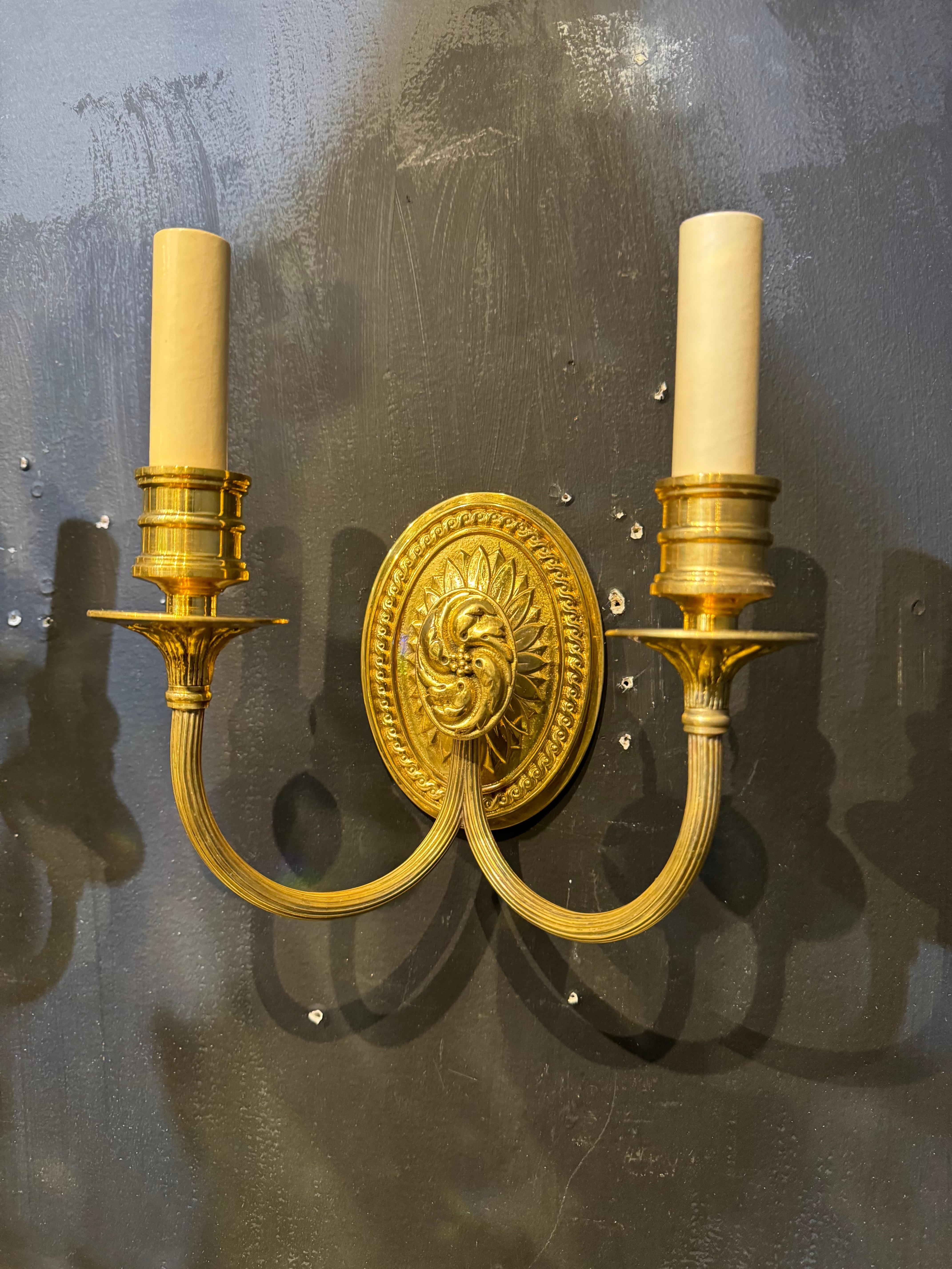 Adam Style Pair of 1920’s Caldwell Gilt Bronze Sconces For Sale