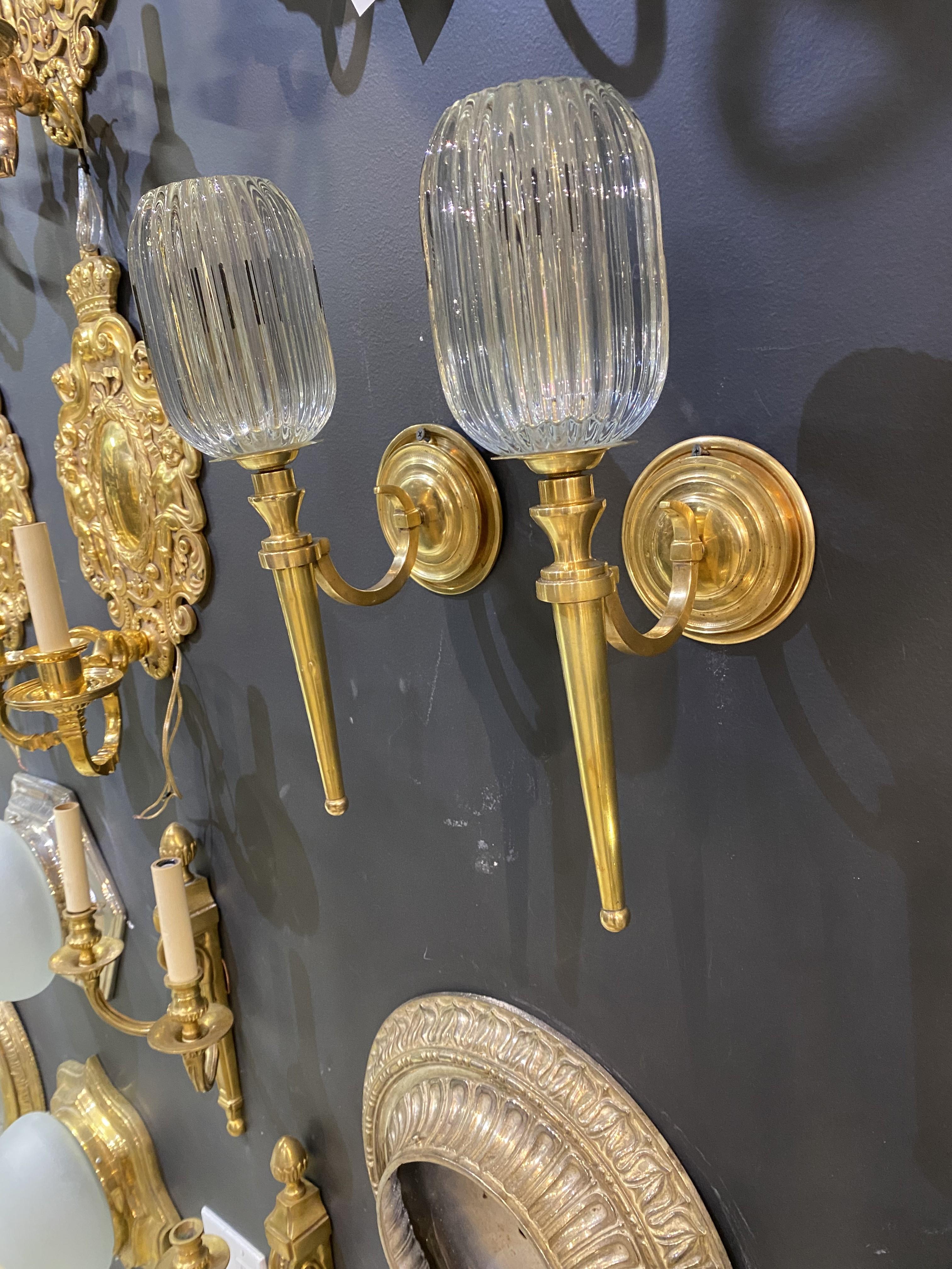 Early 20th Century 1920's Caldwell Gilt Bronze One Light Sconces with Reed Glass For Sale