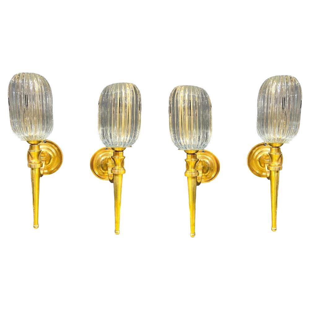 1920 Caldwell Gilt Bronze One Light Sconces with Reed Glass