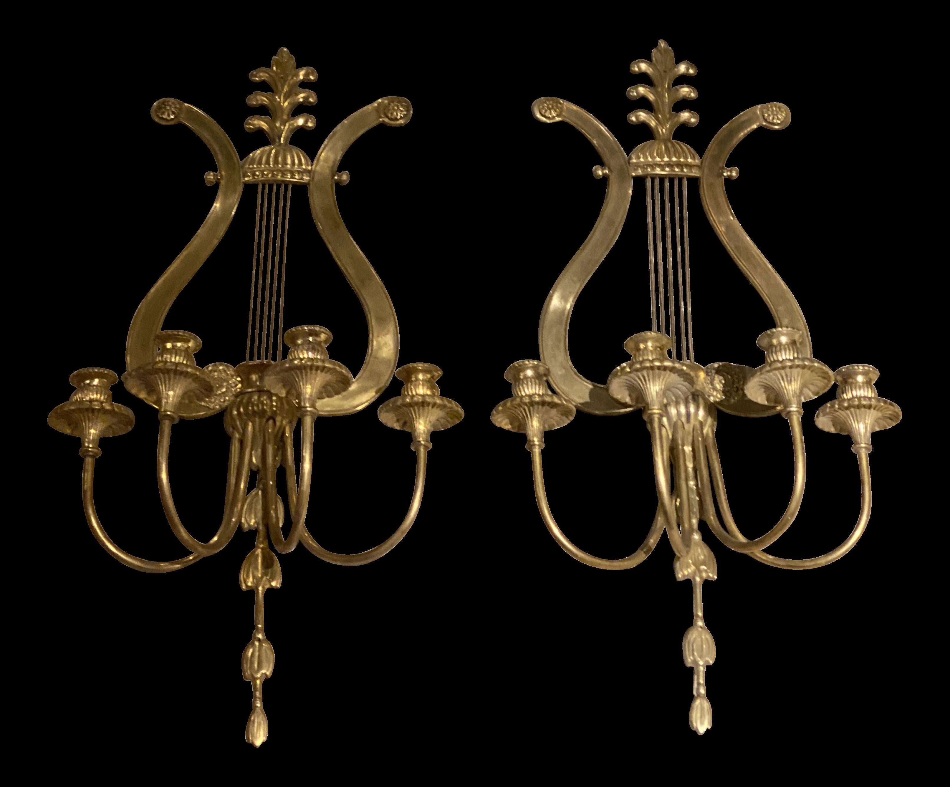 A pair of circa 1920's unusual lyre design gilt bronze sconces with 4 lights