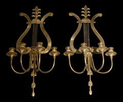 1920's Gilt Bronze Lyre Sconces with 4 Lights