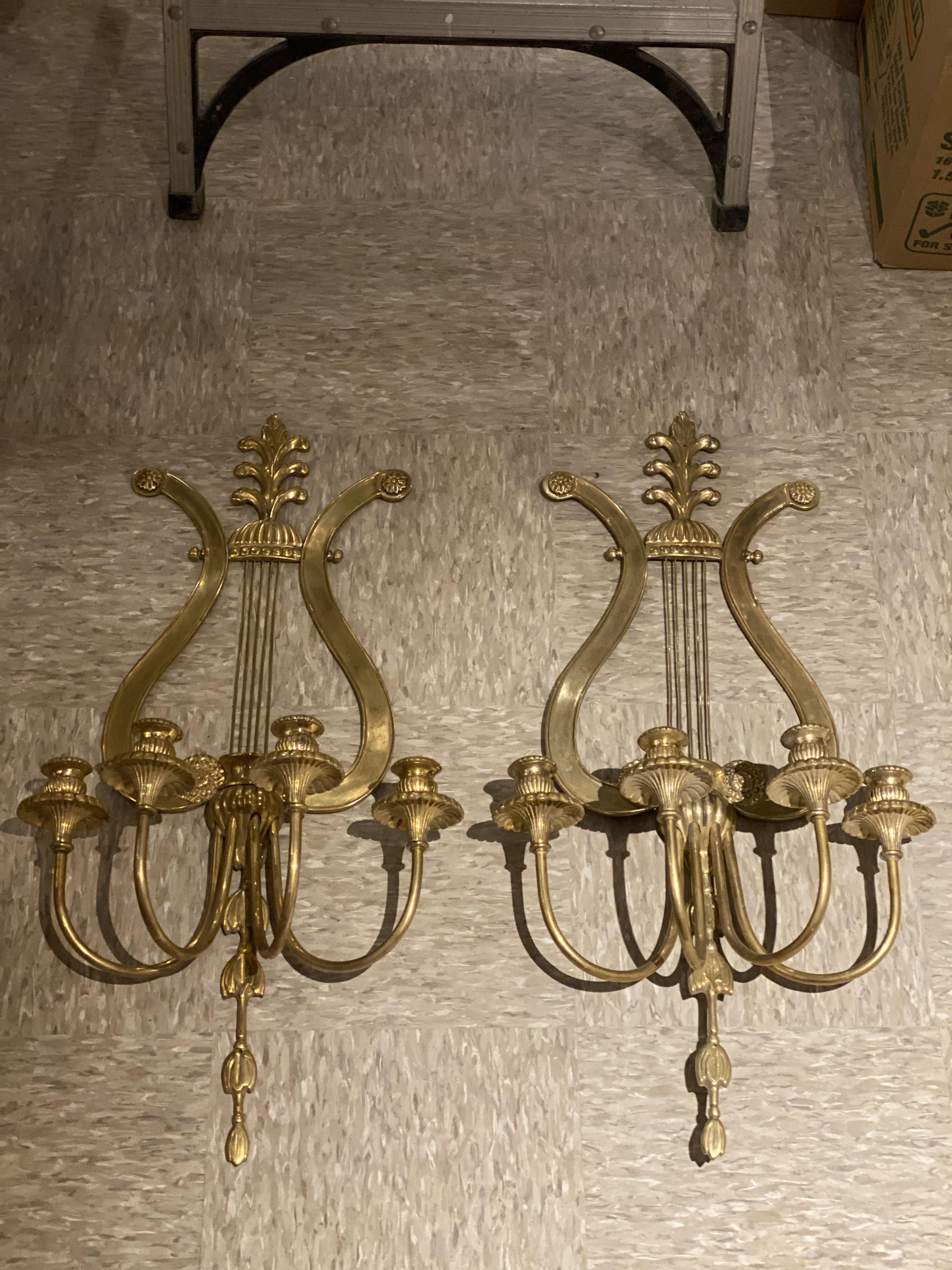 Adam Style 1920's Gilt Bronze Lyre Sconces with 4 Lights For Sale