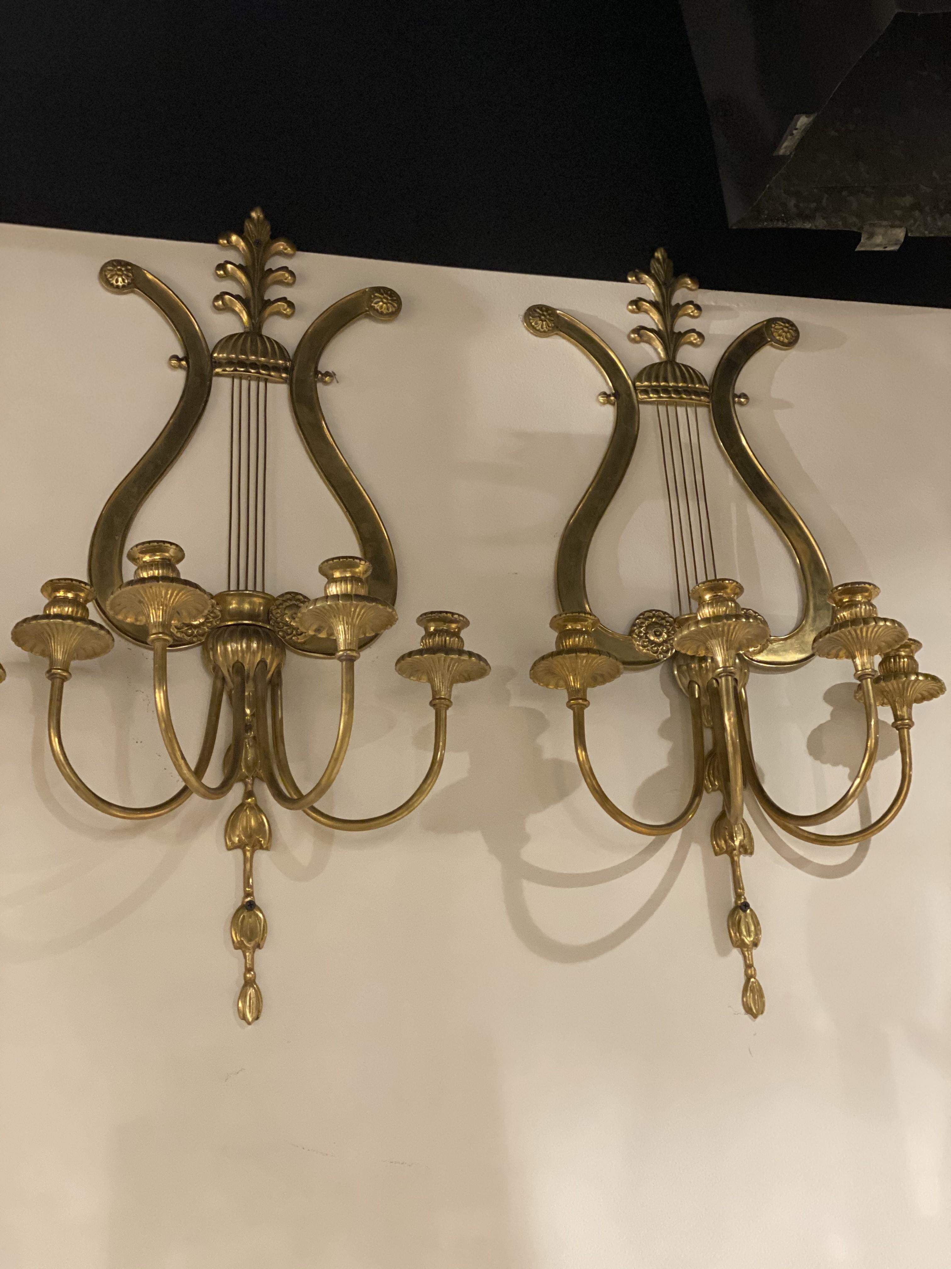 American 1920's Gilt Bronze Lyre Sconces with 4 Lights For Sale