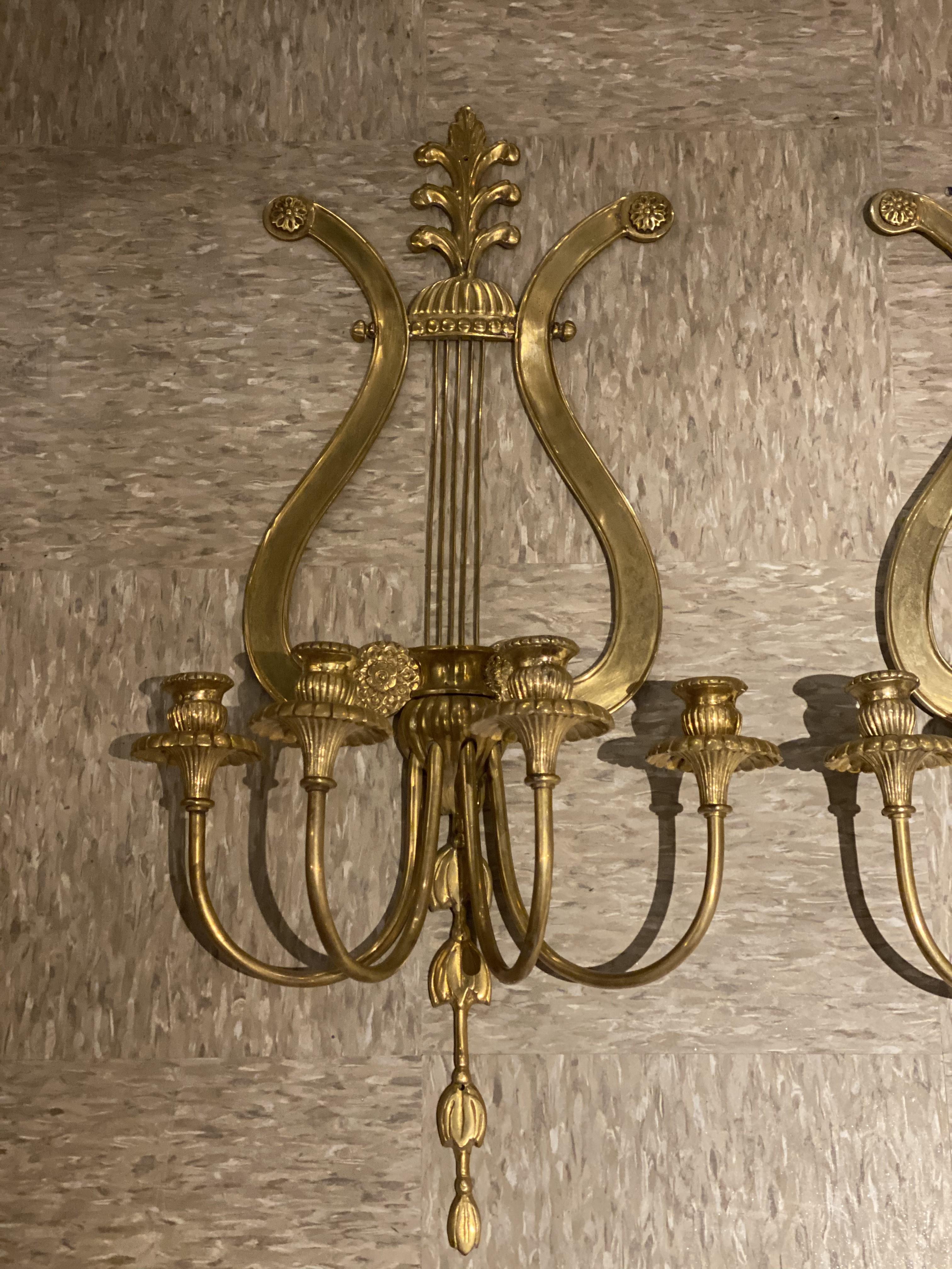 1920's Gilt Bronze Lyre Sconces with 4 Lights In Good Condition For Sale In New York, NY