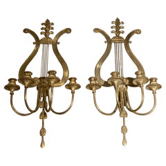 Antique 1920's Gilt Bronze Lyre Sconces with 4 Lights