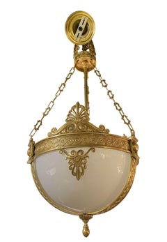 1920's Caldwell Gilt Bronze Light Fixture with Opaline Glass