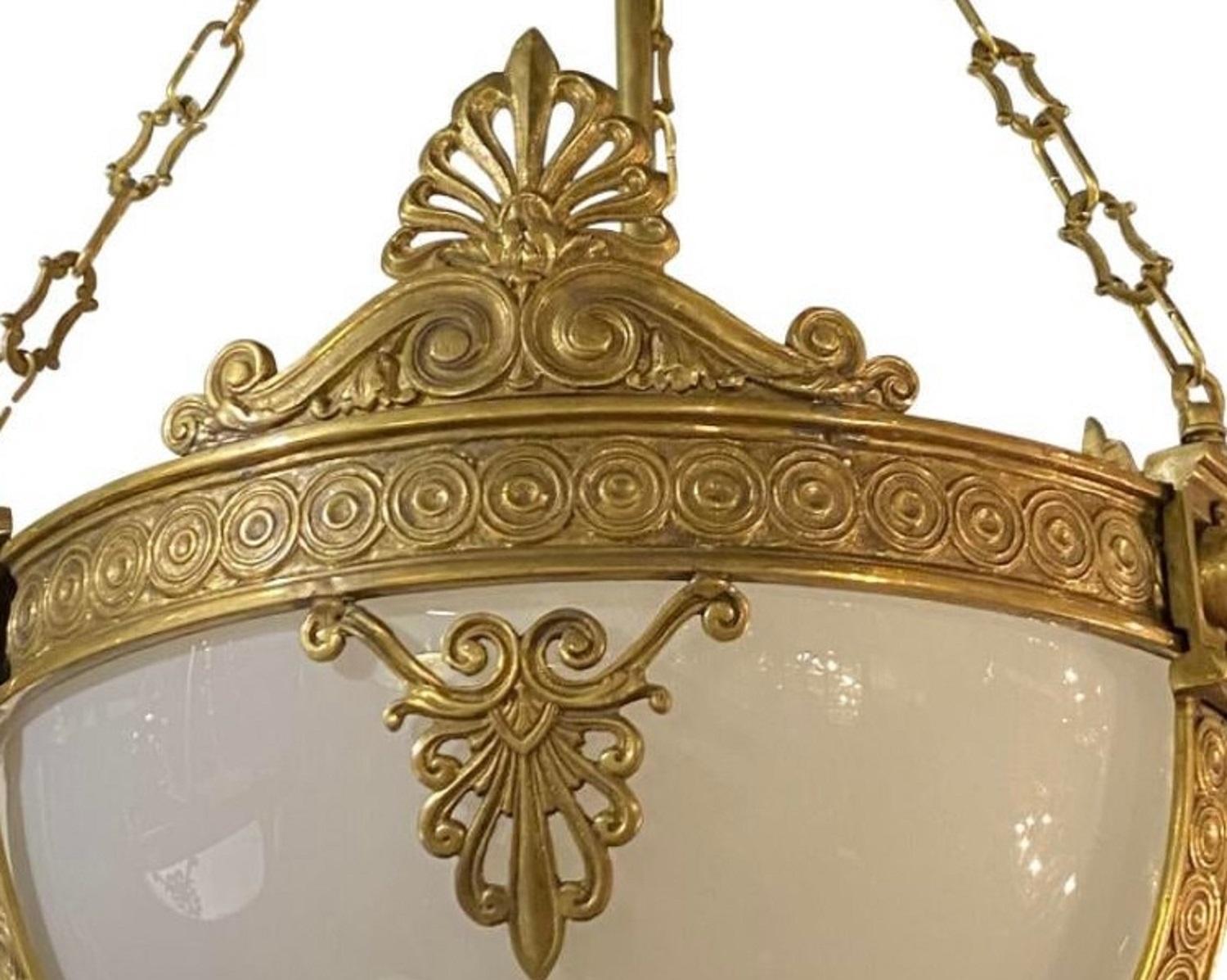 Neoclassical 1920's Caldwell Gilt Bronze Light Fixture with Opaline Glass For Sale