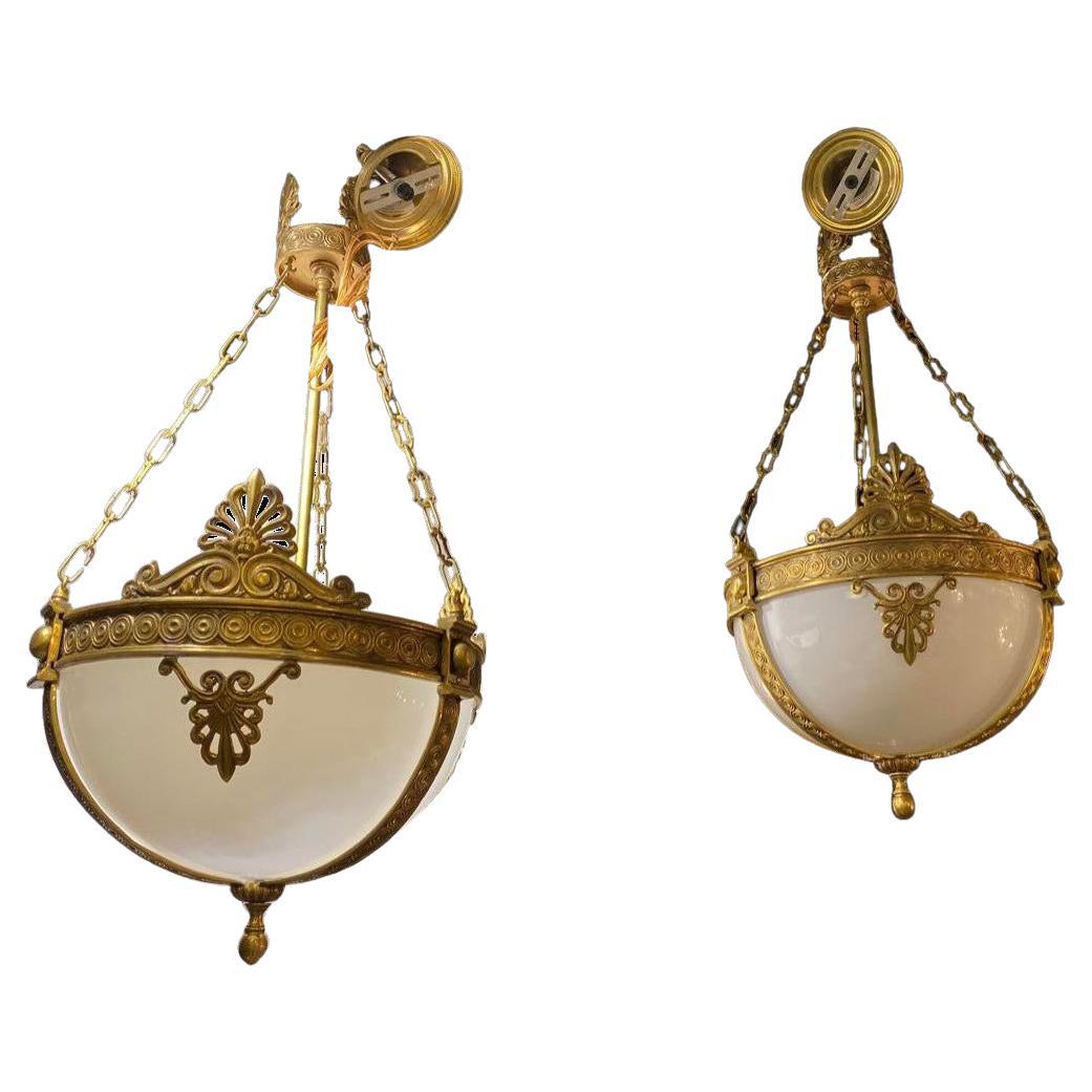 1920's Caldwell Gilt Bronze Light Fixture with Opaline Glass