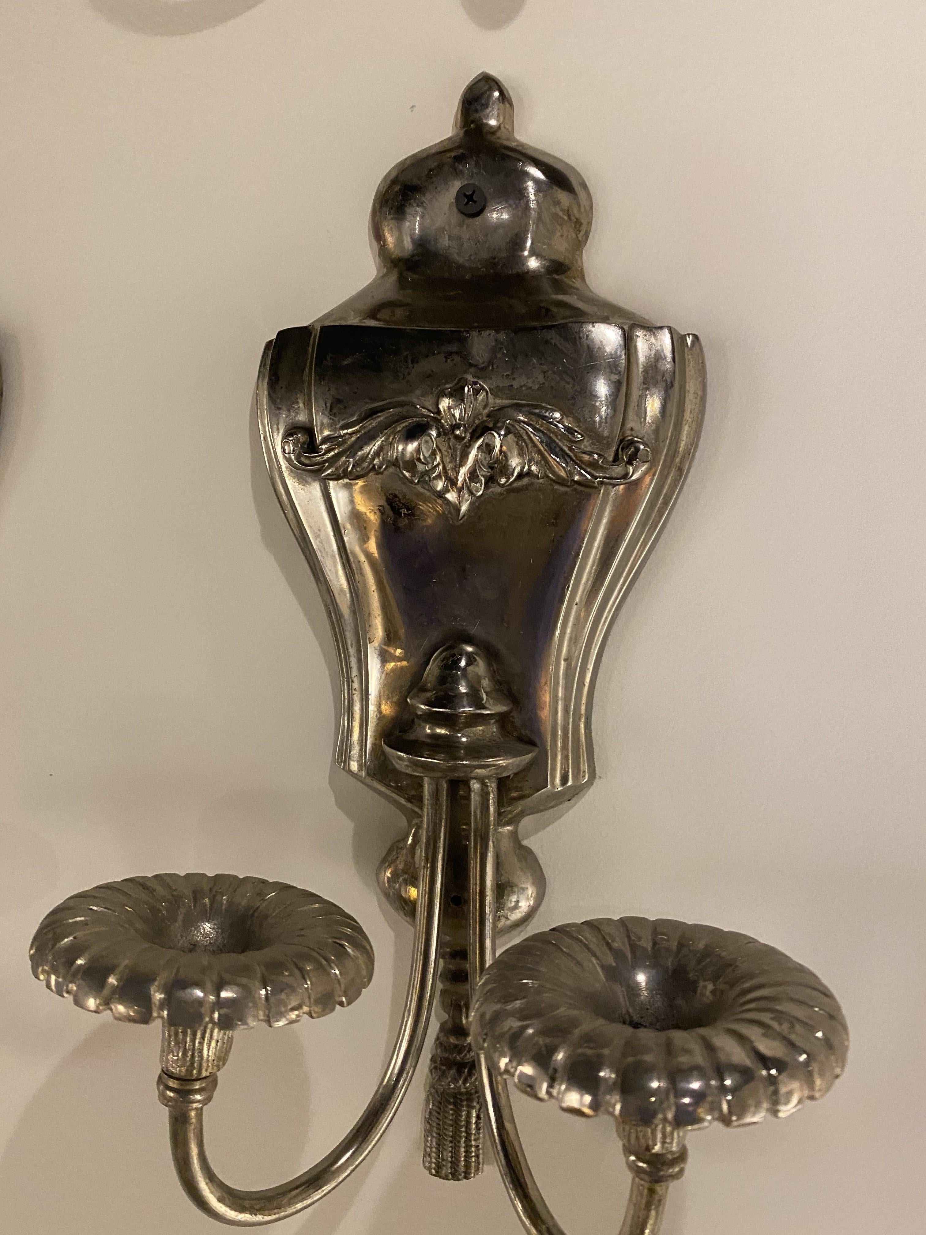 Adam Style 1930's English Silver Plated Sconces with 2 lights For Sale