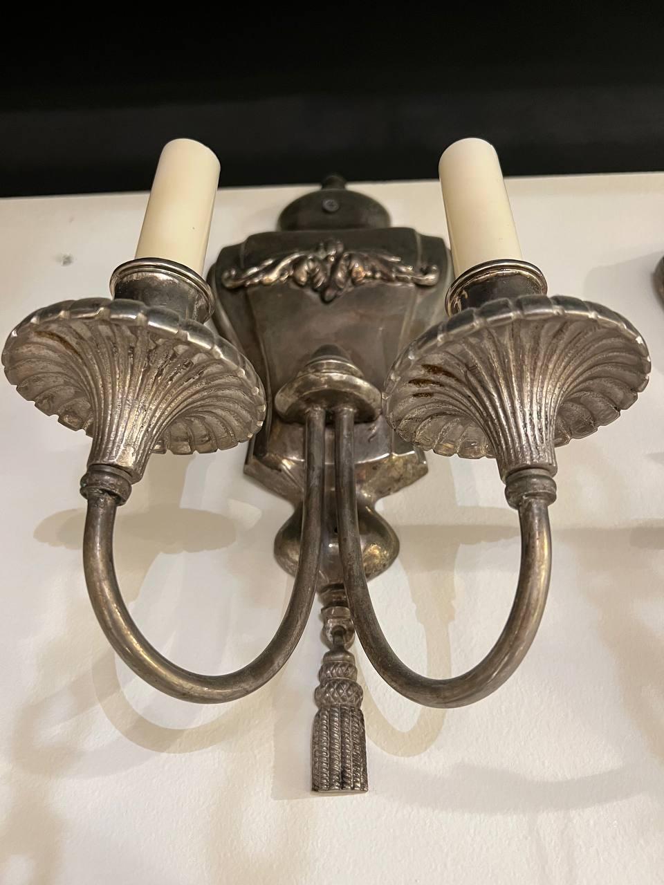 1930's English Silver Plated Sconces with 2 lights In Good Condition For Sale In New York, NY