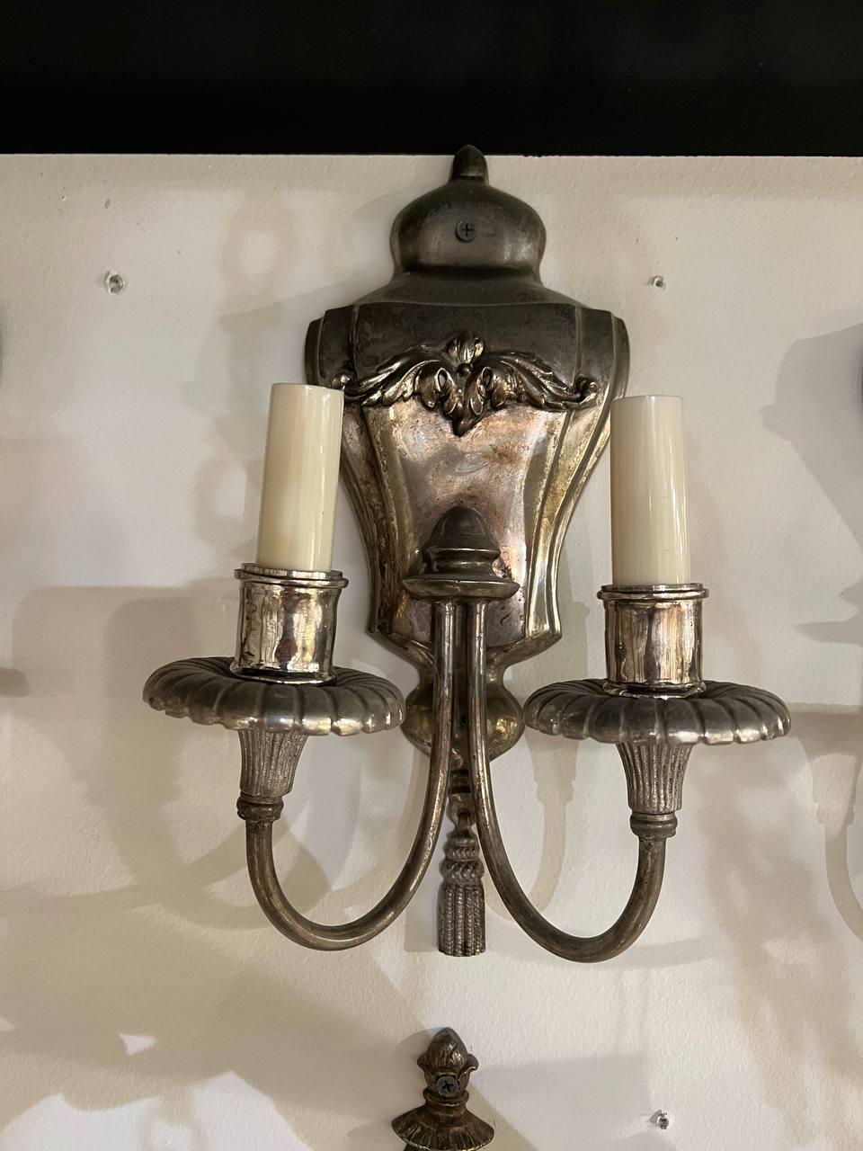 Mid-20th Century 1930's English Silver Plated Sconces with 2 lights For Sale