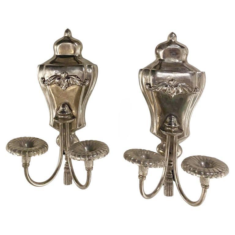Silvered 1930's English Silver Plated Sconces with 2 lights For Sale
