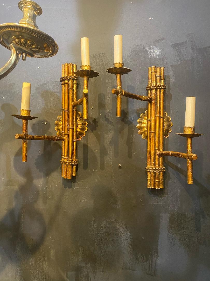 French Provincial 1940's French Bagues Faux Bamboo Sconces