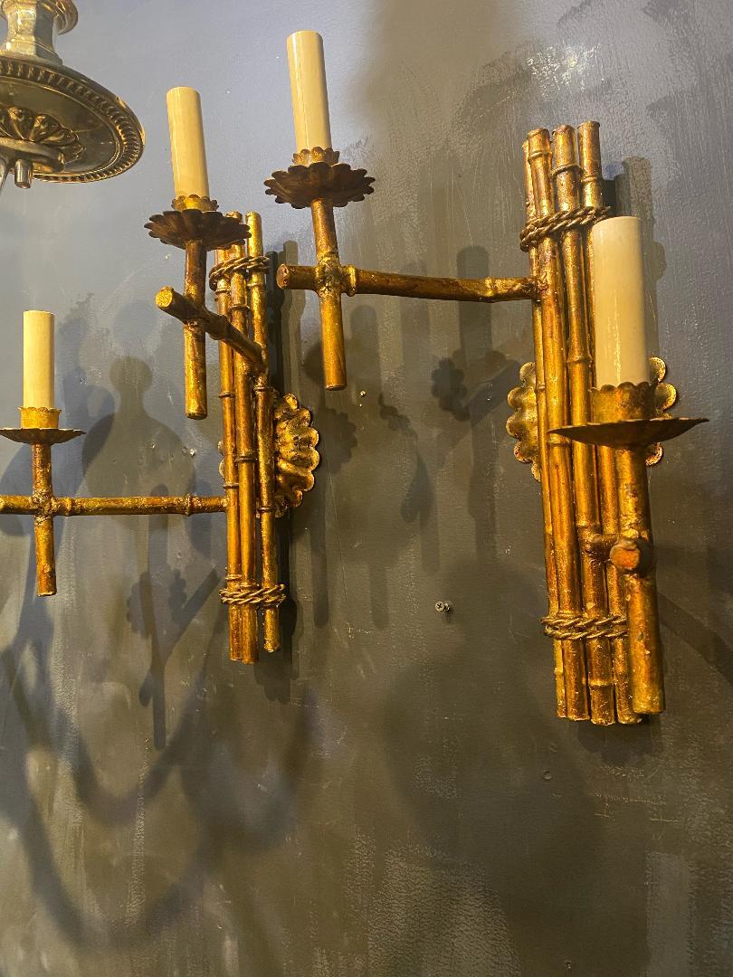 Gilt 1940's French Bagues Faux Bamboo Sconces
