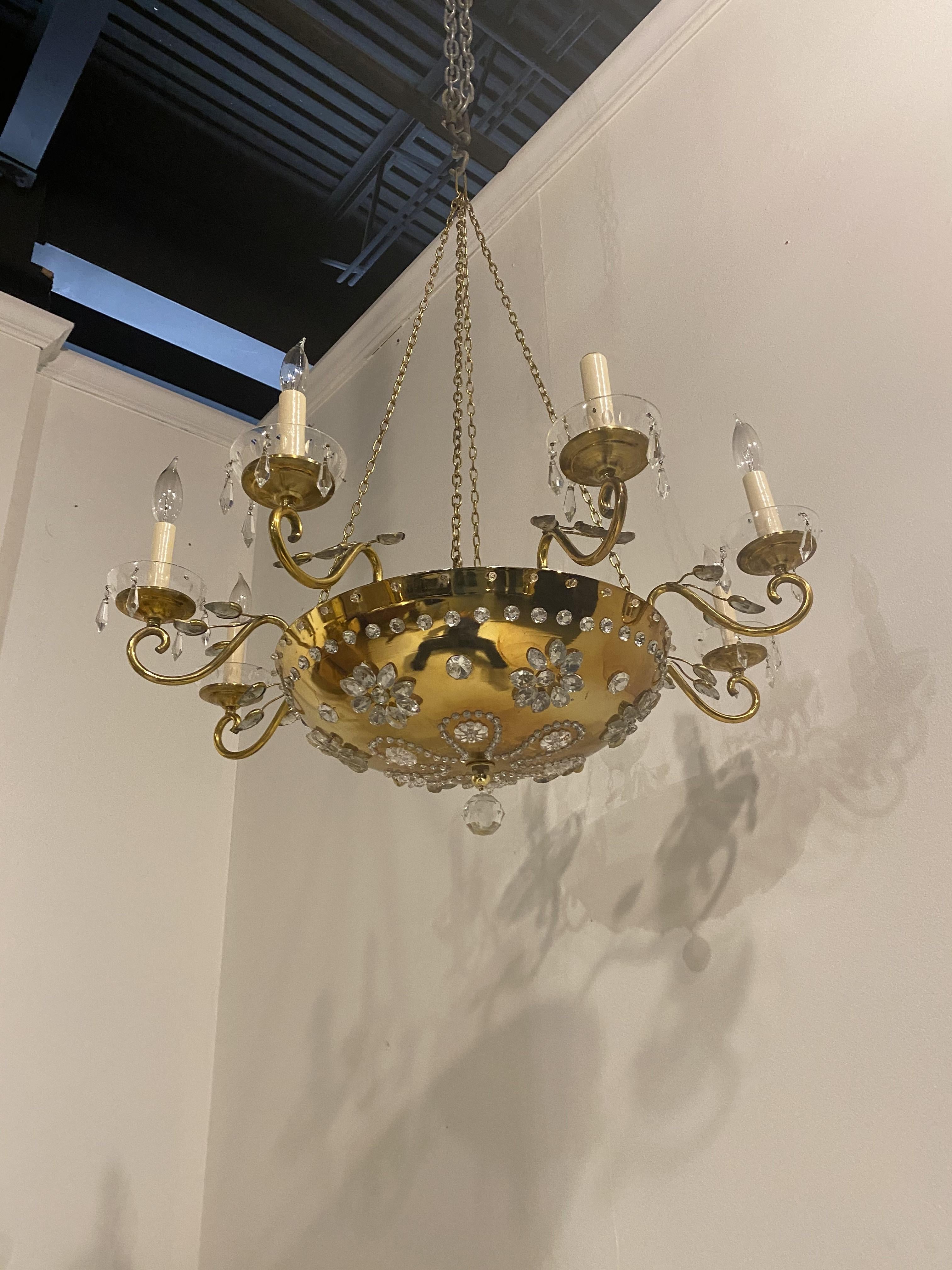 French Provincial 1930's French Bagues Bronze Light Fixture with Crystals For Sale