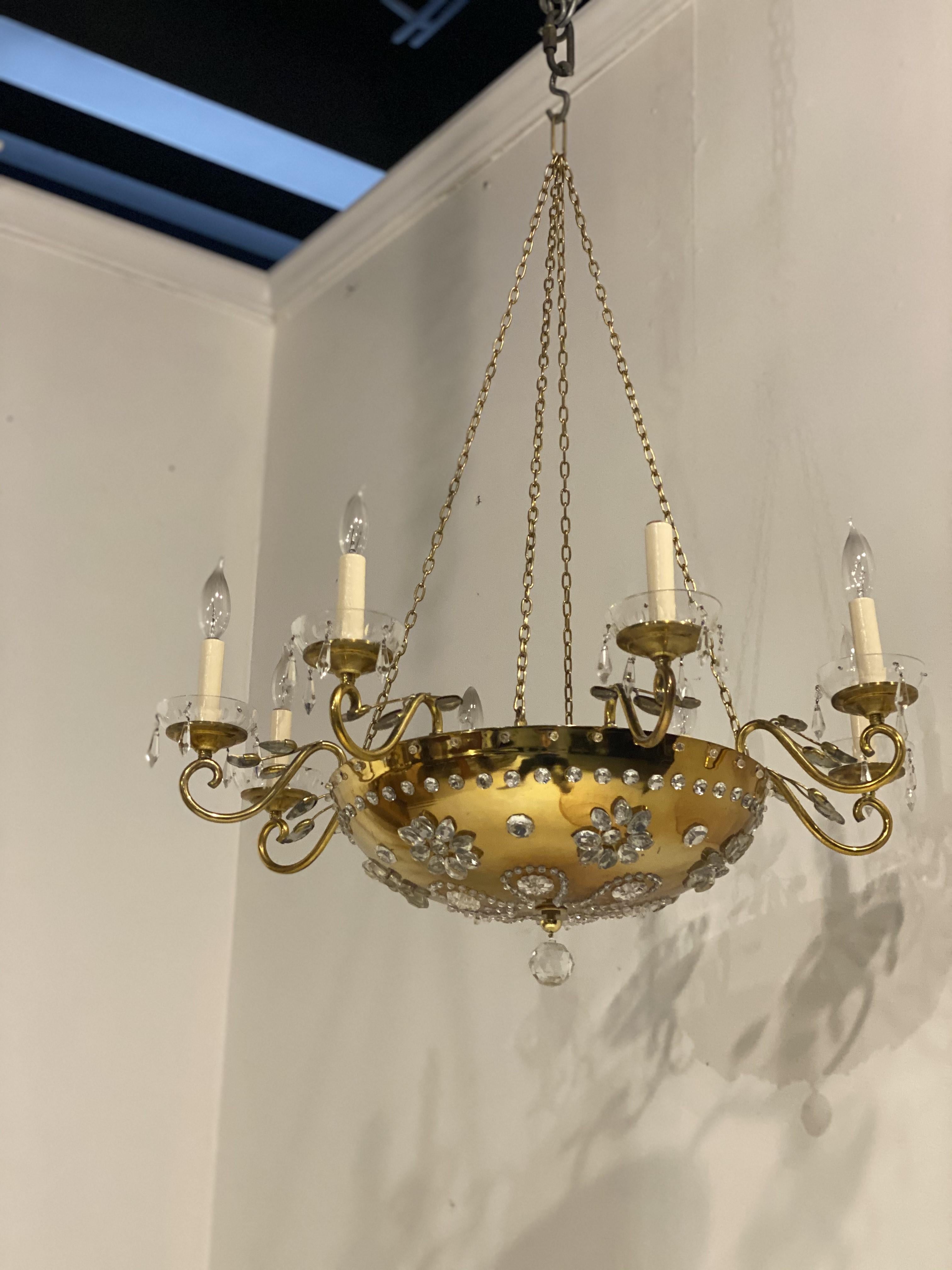 1930's French Bagues Bronze Light Fixture with Crystals In Good Condition For Sale In New York, NY