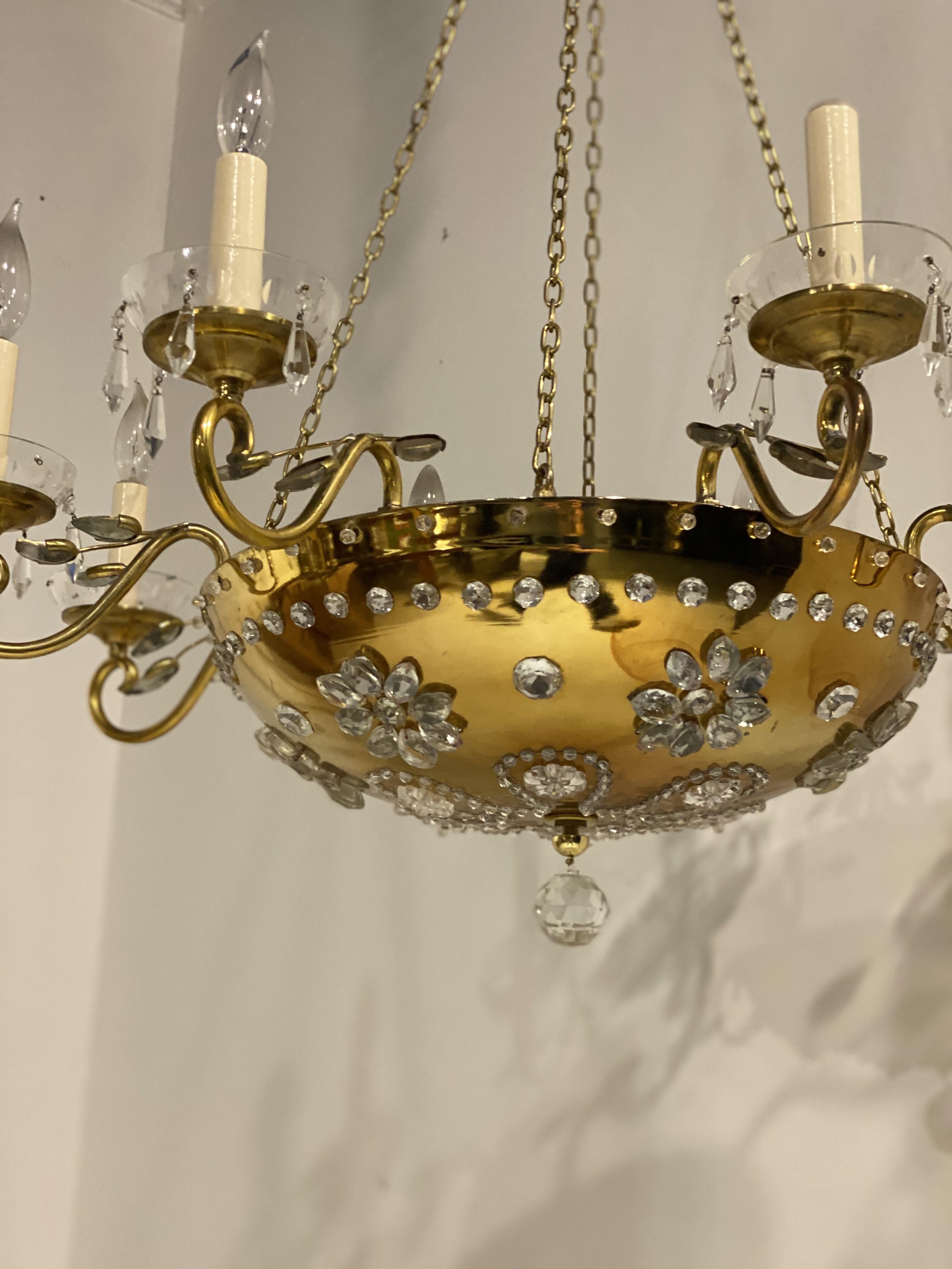 Brass 1930's French Bagues Bronze Light Fixture with Crystals For Sale