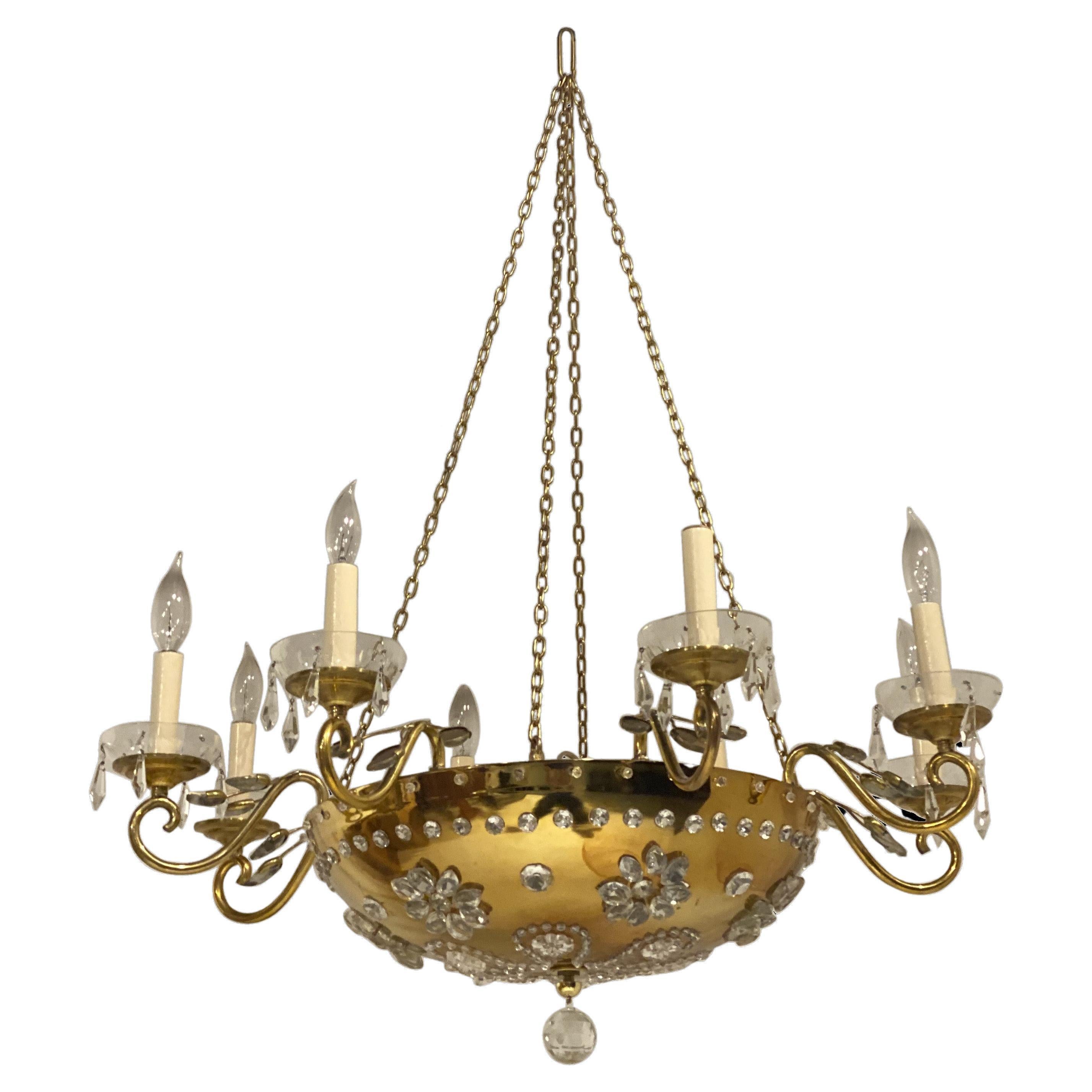 1930's French Bagues Bronze Light Fixture with Crystals For Sale