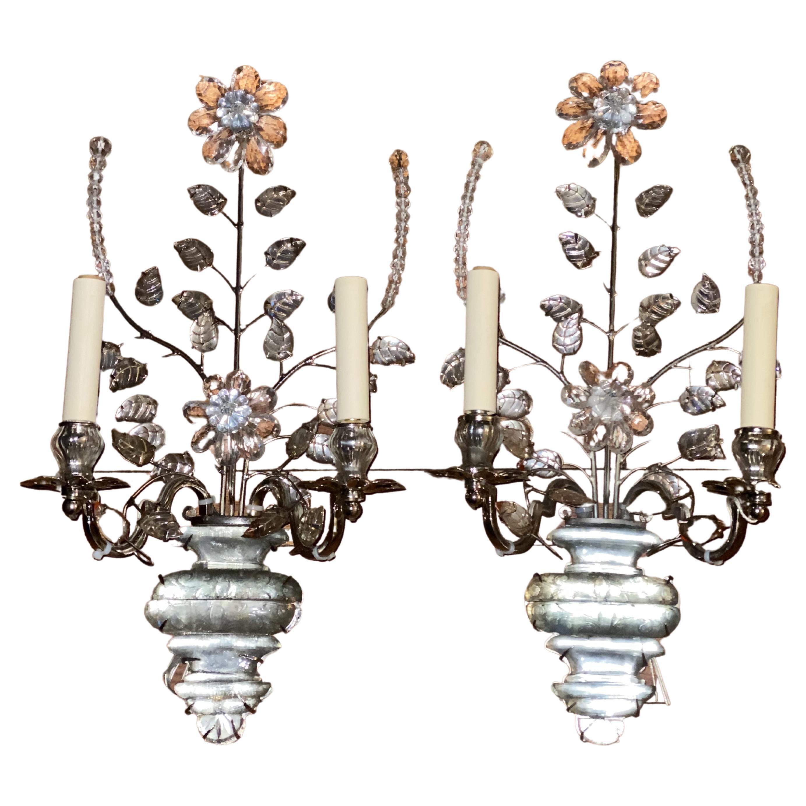 a pair of circa 1930's French silver plated sconces with glass body and crystal leaves