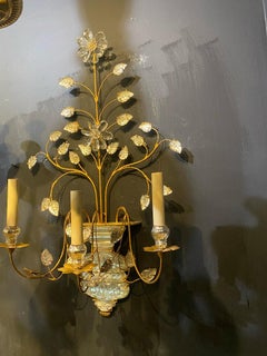 French Large Bagues Style Gilt Metal 3 Lights Sconces
