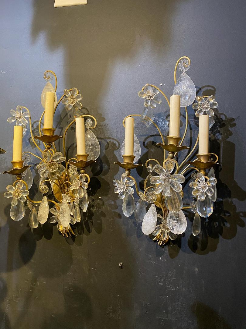 French Provincial 1930's French Bagues sconces with rock crystals