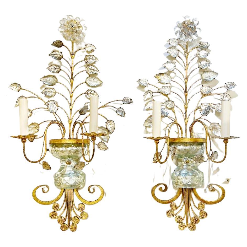 A pair of circa 1930's French Bagues large sconces with crystal body and leaves 