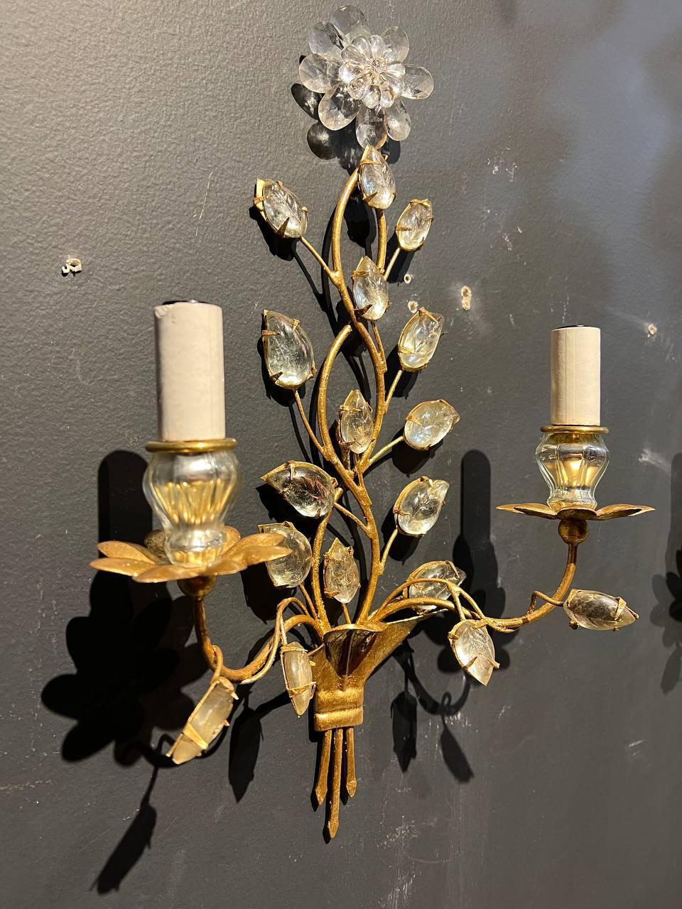 French Provincial 1930's French Bagues Gilt Metal Sconces with Glass Leaves For Sale