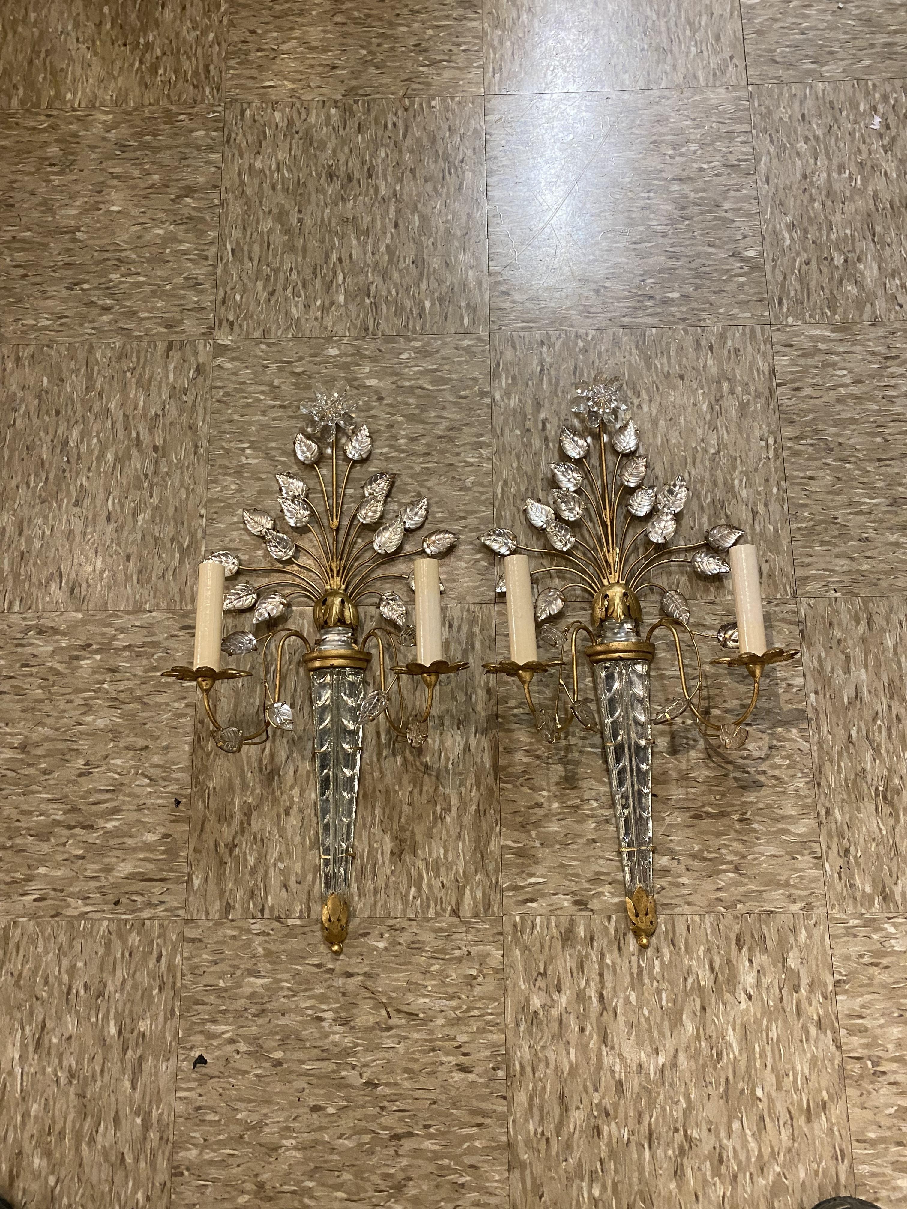 French Provincial 1930's French Bagues Gilt Metal Sconces with Crystal Leaves For Sale