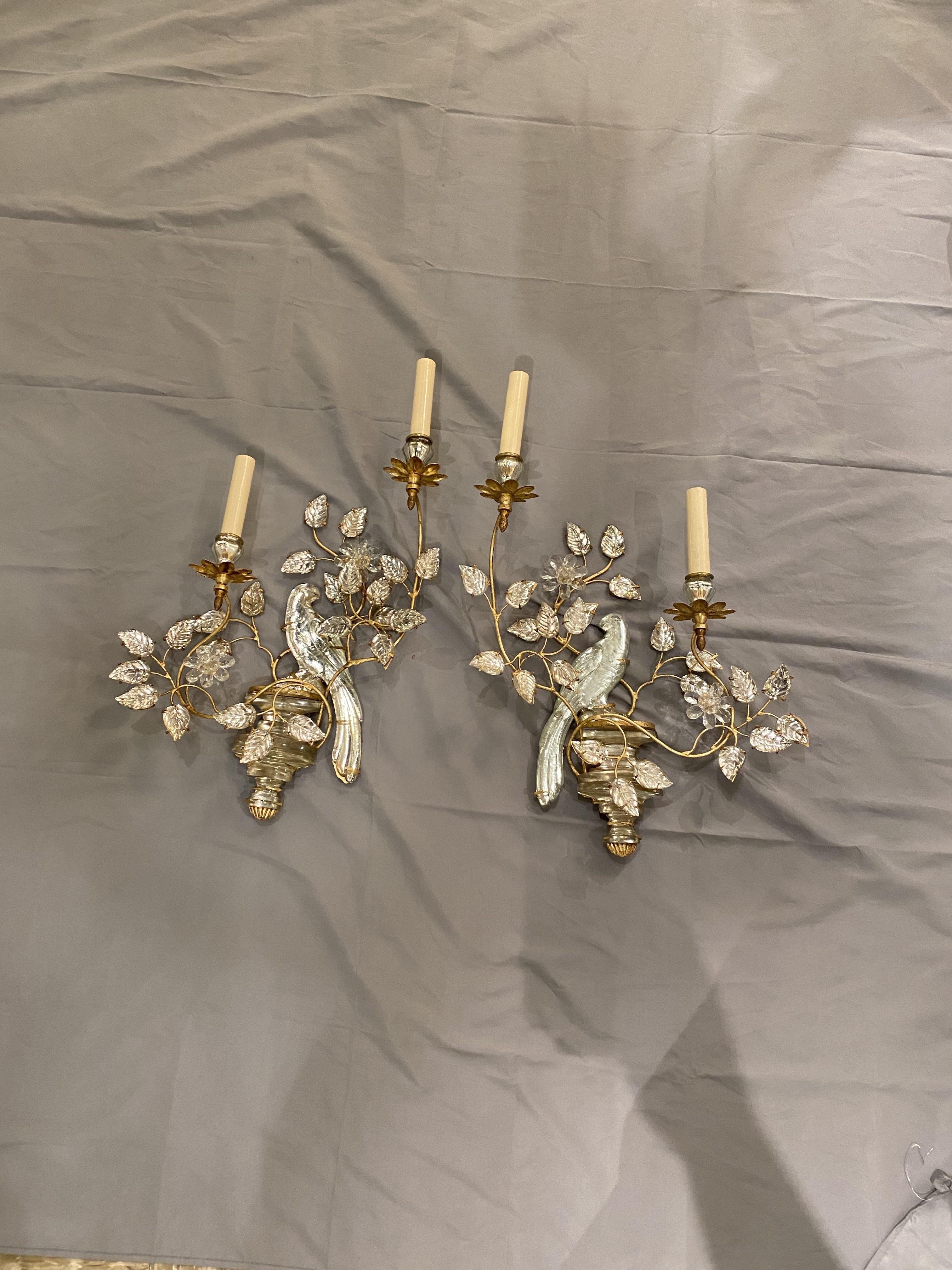 French Provincial 1930's French Bagues Gilt Metal 2 Lights Sconces with Crystal Birds