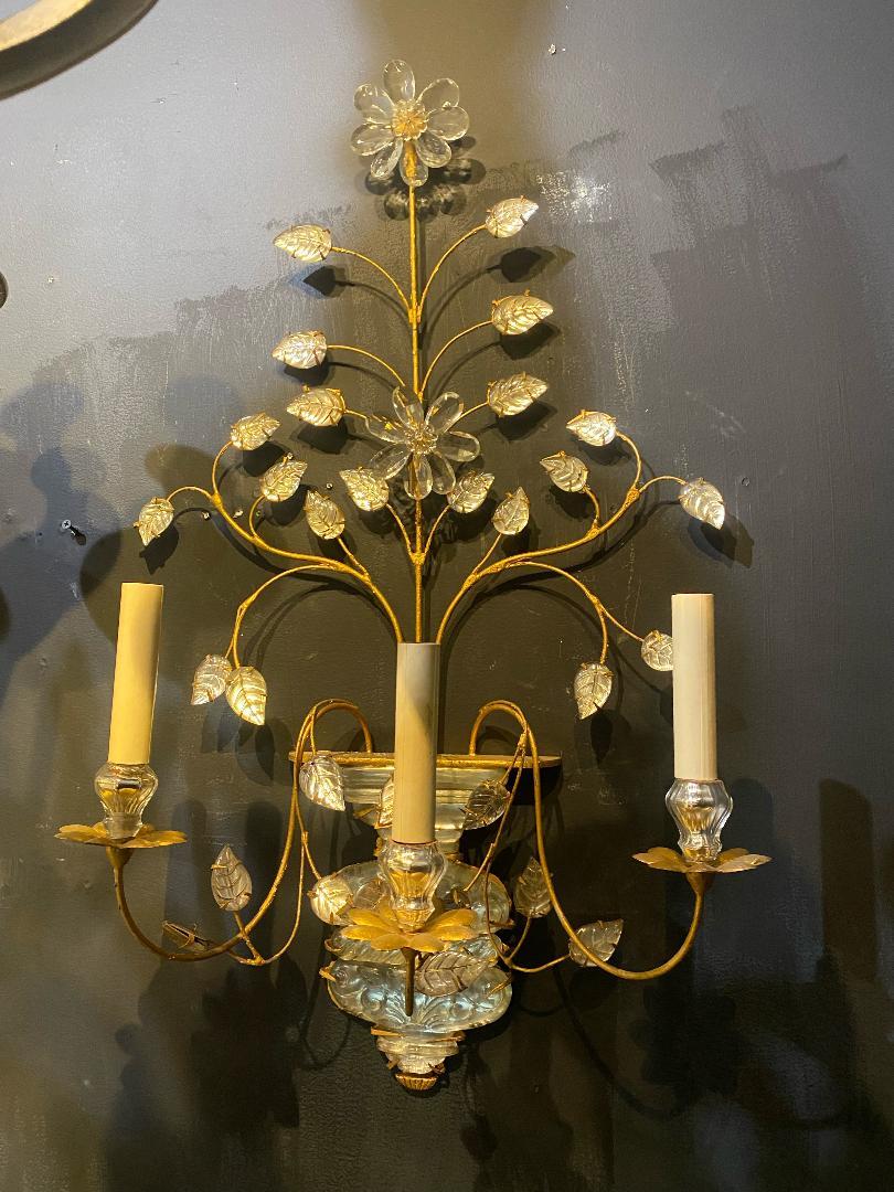 French Provincial 1930's French Large Bagues Gilt Metal 3 Lights Sconces For Sale