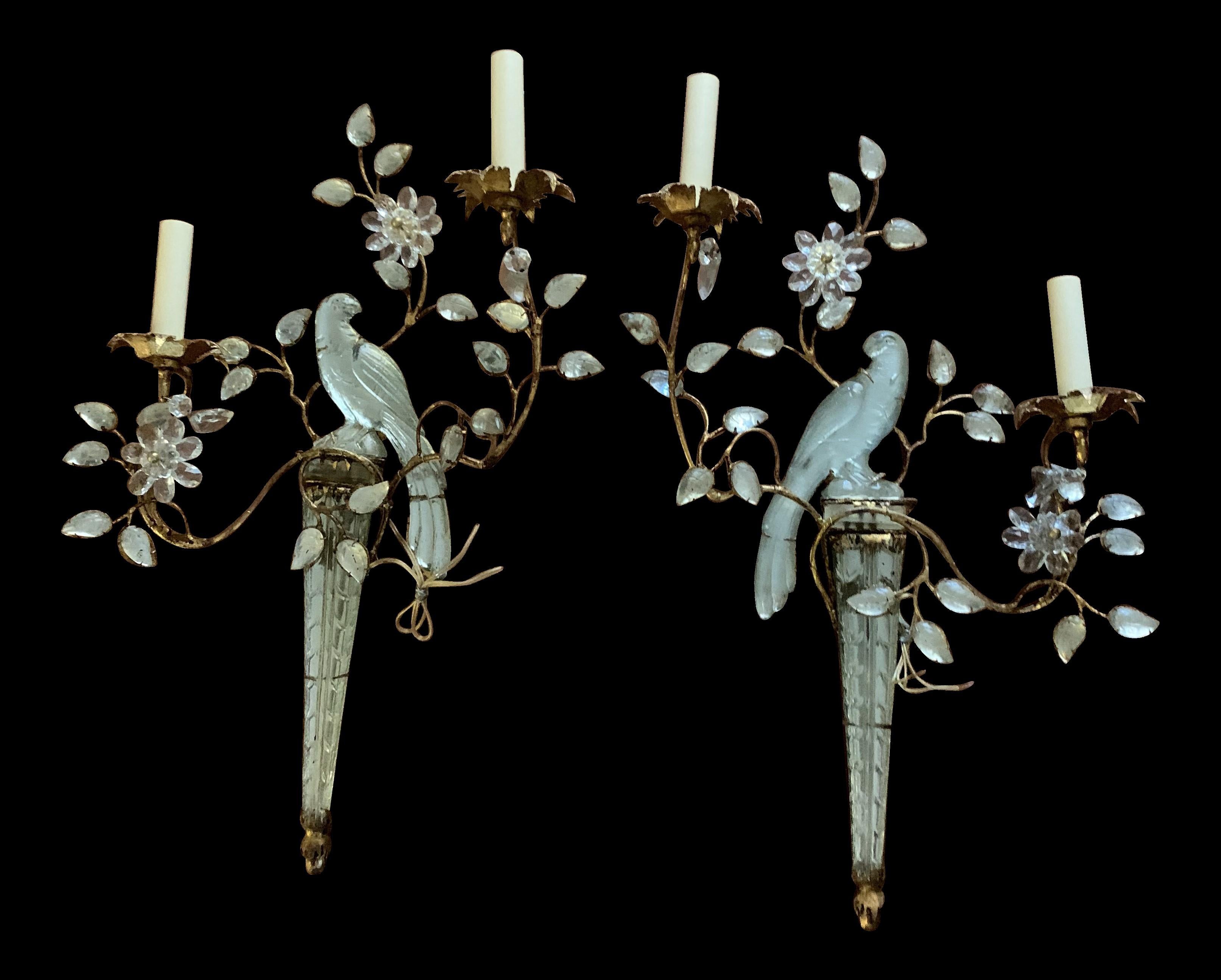 1930's French Bagues Gilt Metal Bird Sconces with Two Lights In Good Condition For Sale In New York, NY