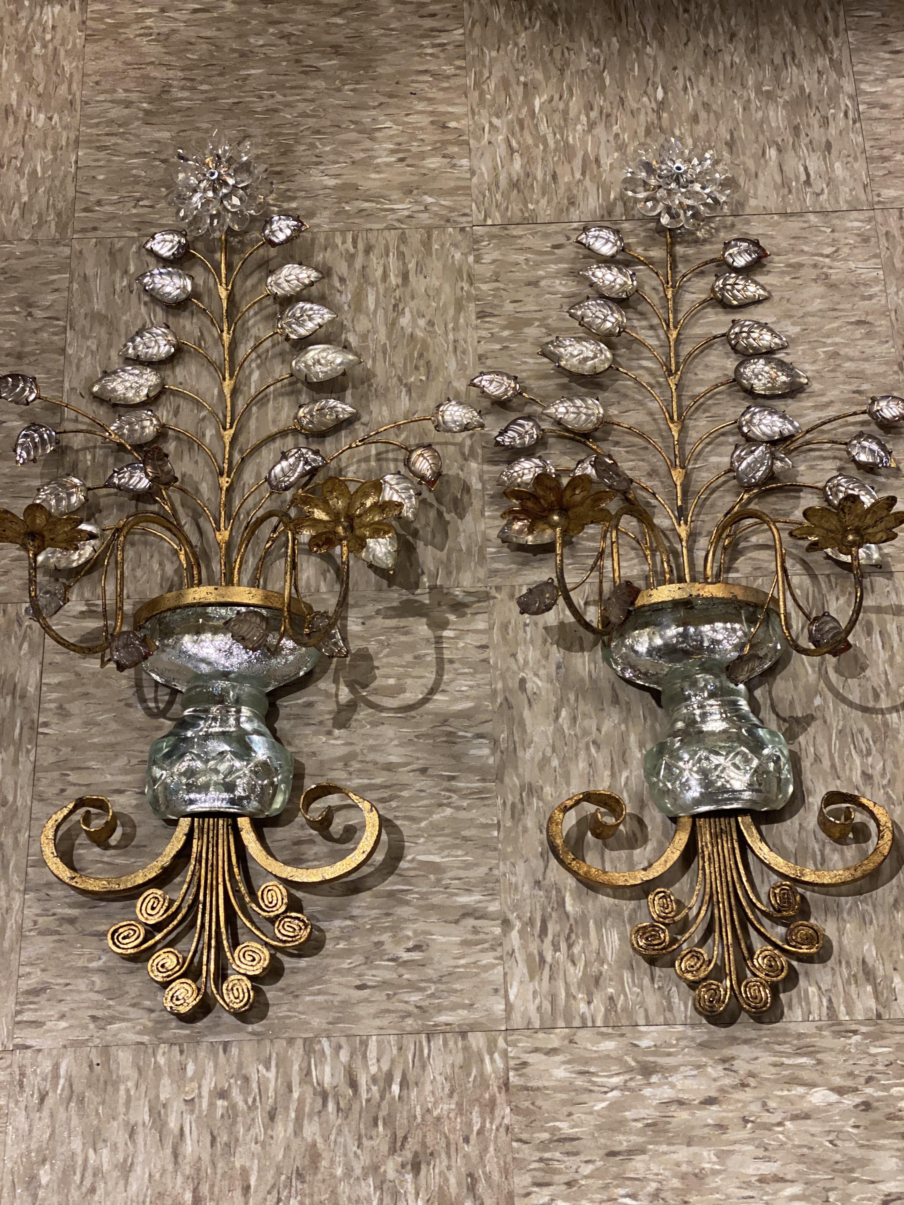 French Provincial Pair 1930's French Bagues Large Sconces with Crystal Body For Sale