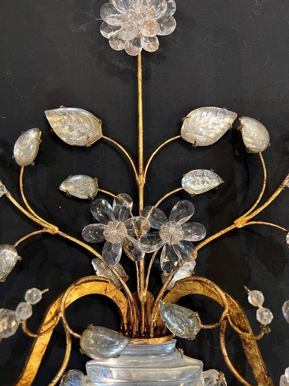 Gilt 1930's French Bagues Vase with Flowers Sconces For Sale