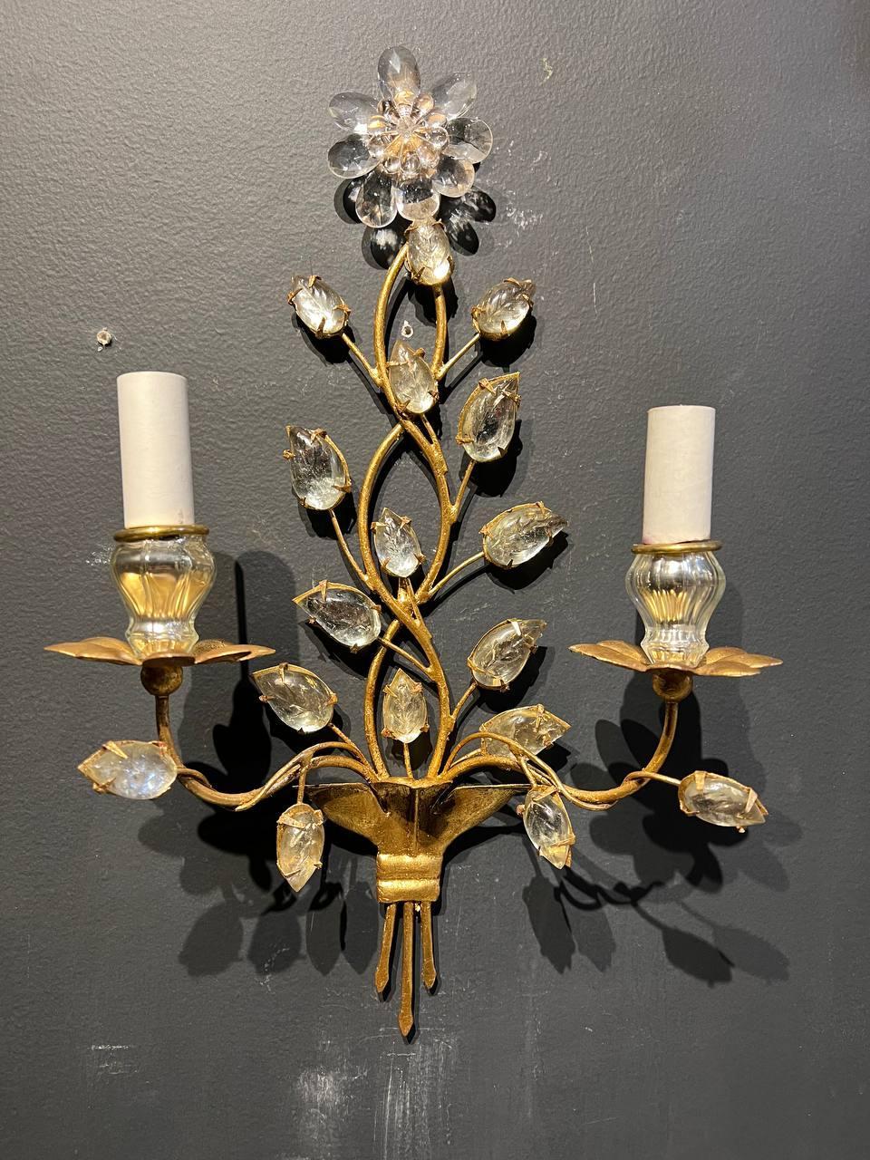 1930's French Bagues Gilt Metal Sconces with Glass Leaves In Good Condition For Sale In New York, NY
