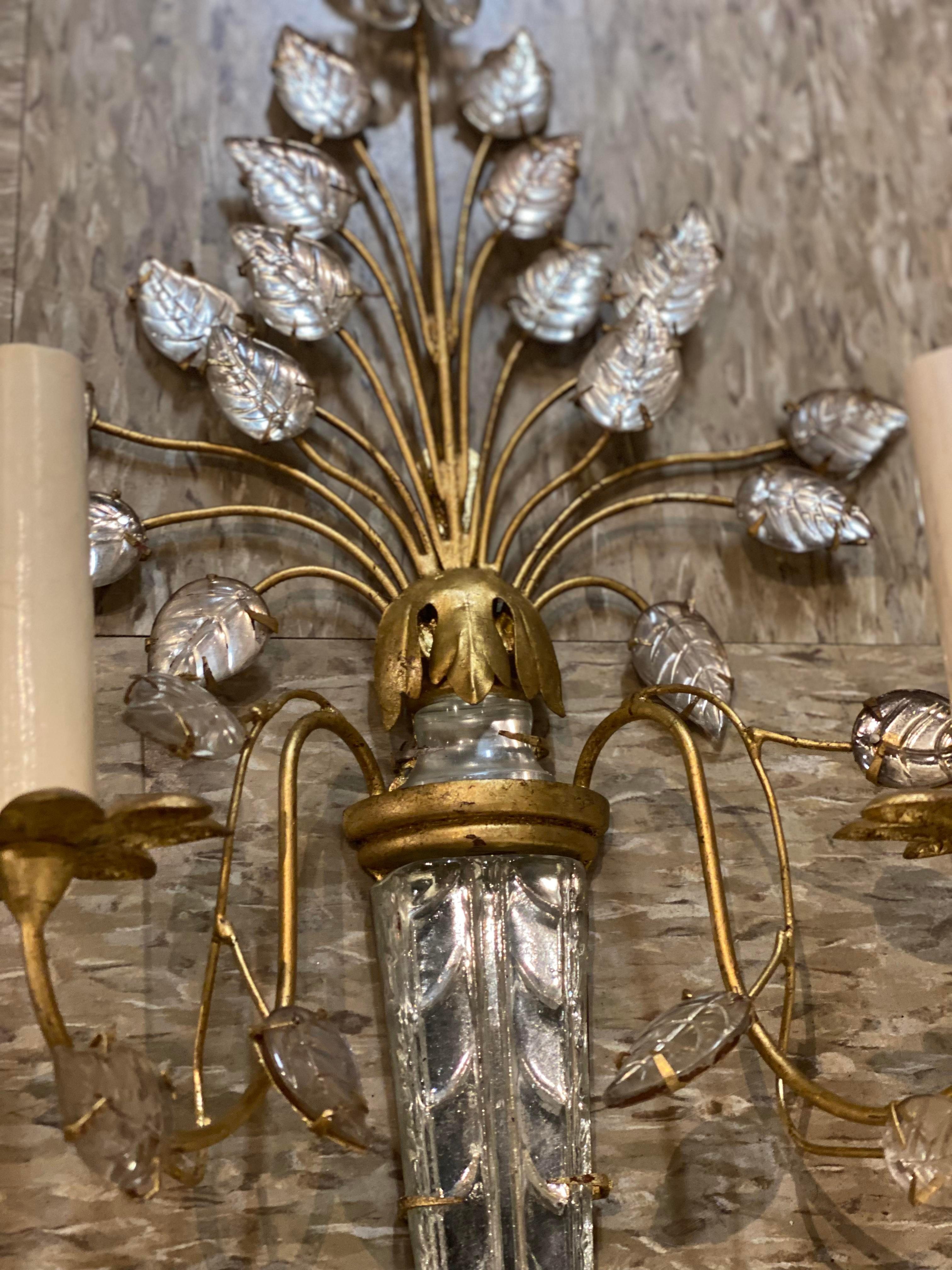 1930's French Bagues Gilt Metal Sconces with Crystal Leaves In Good Condition For Sale In New York, NY