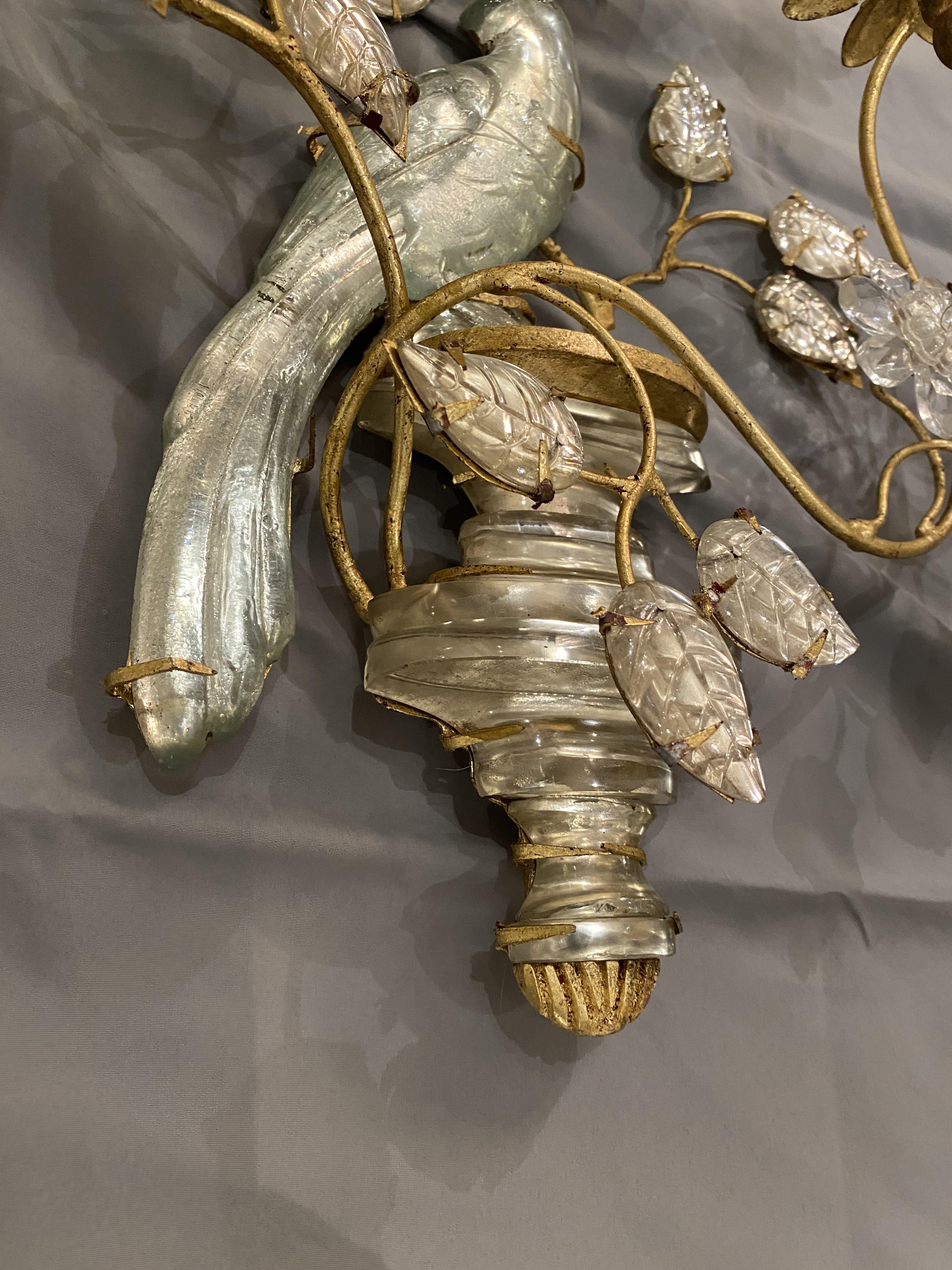 1930's French Bagues Gilt Metal 2 Lights Sconces with Crystal Birds In Good Condition For Sale In New York, NY