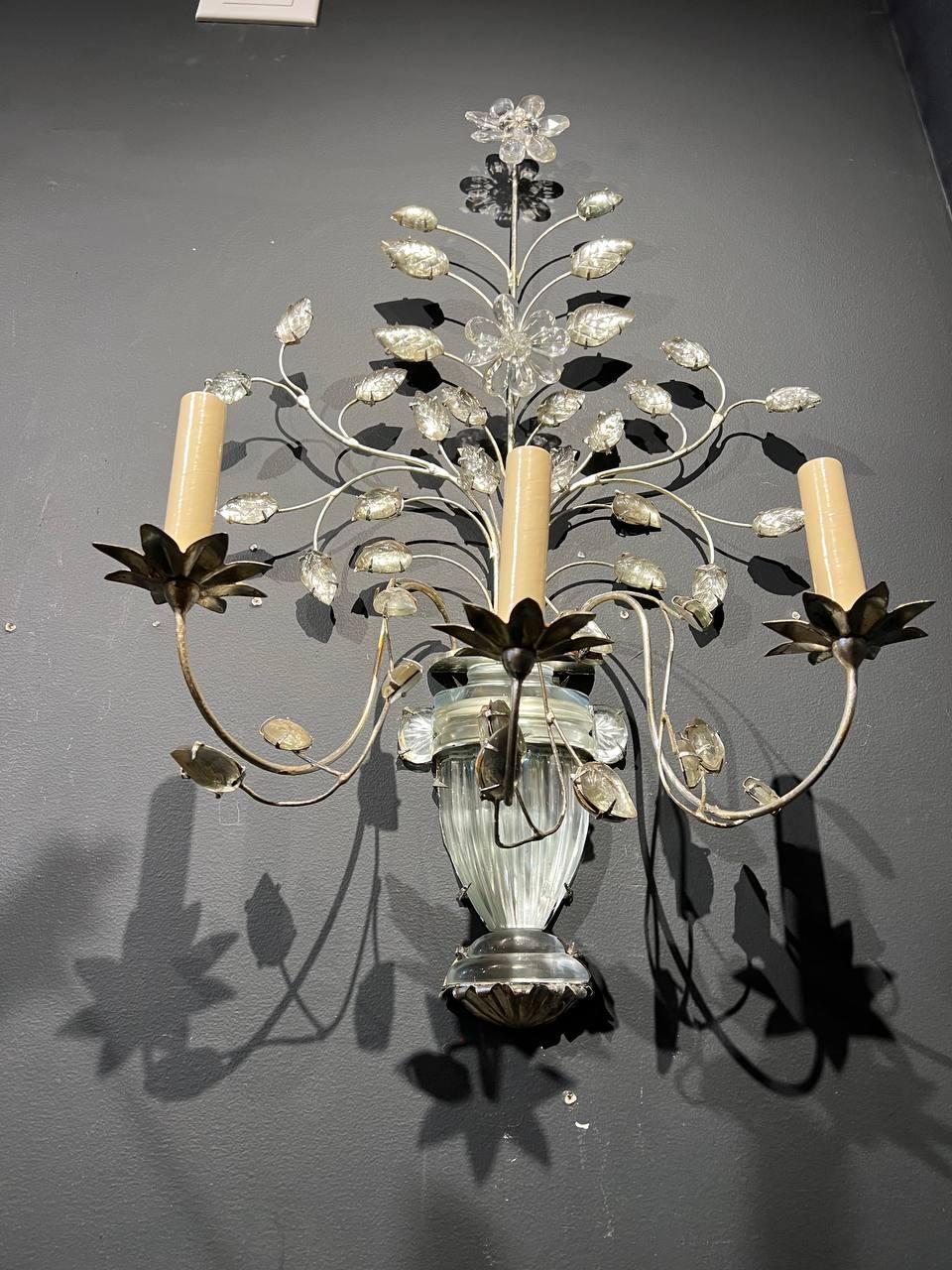 Silvered Pair 1930's Large French Bagues Silver Leafed 3 Lights Sconces For Sale