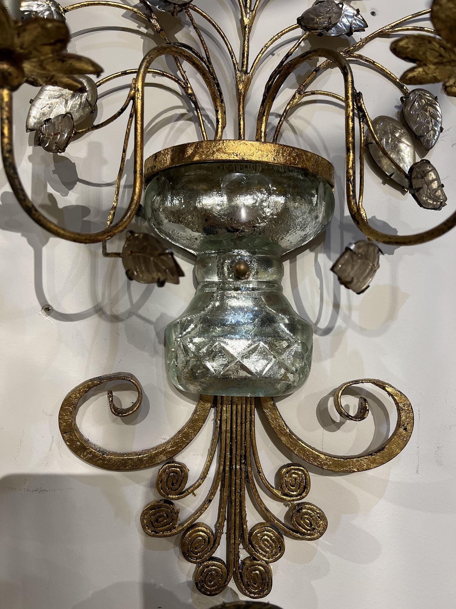 Gilt Pair 1930's French Bagues Large Sconces with Crystal Body For Sale