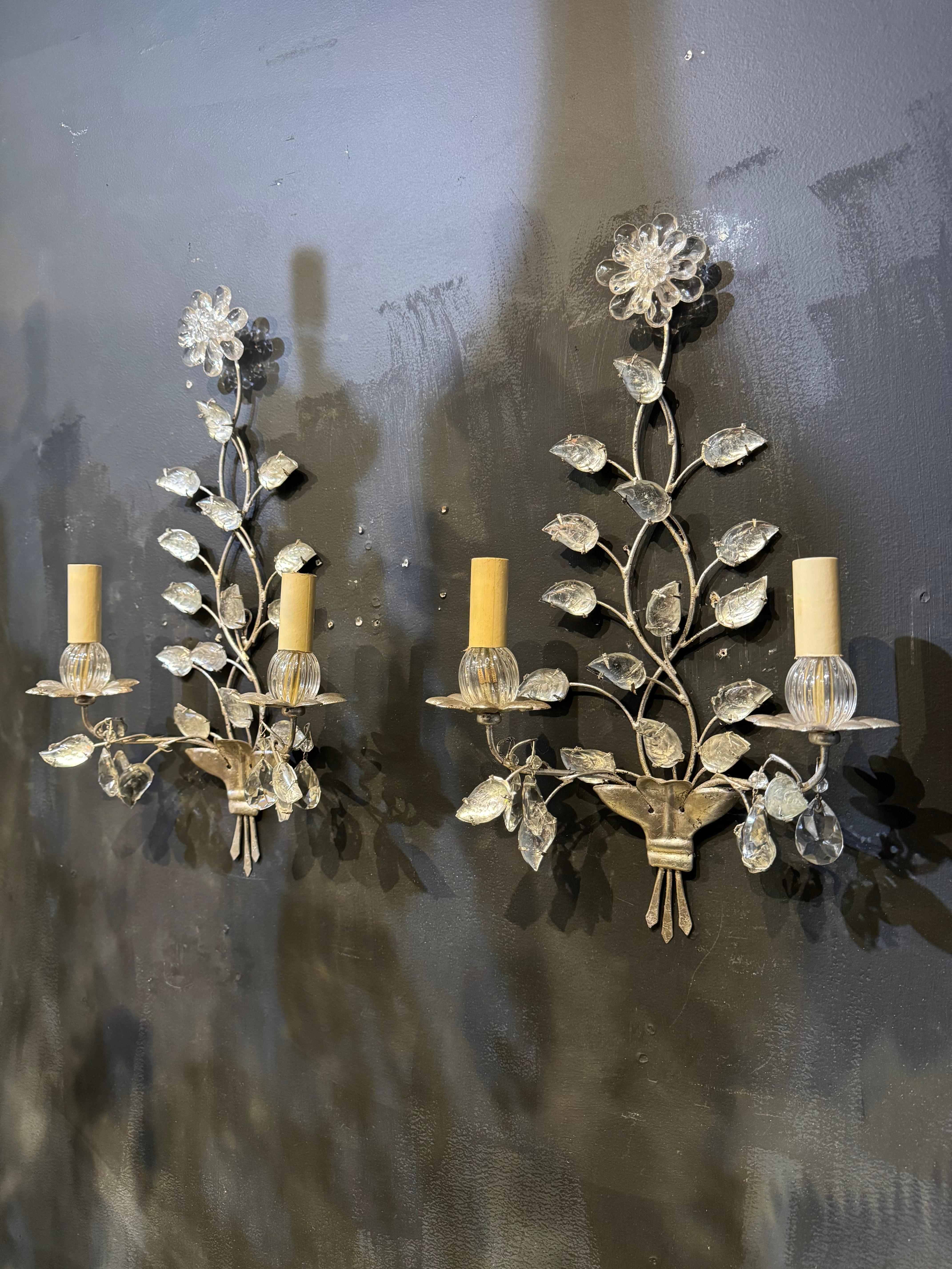 Silvered 1930’s French Bagues Silver Leaf Sconces  For Sale
