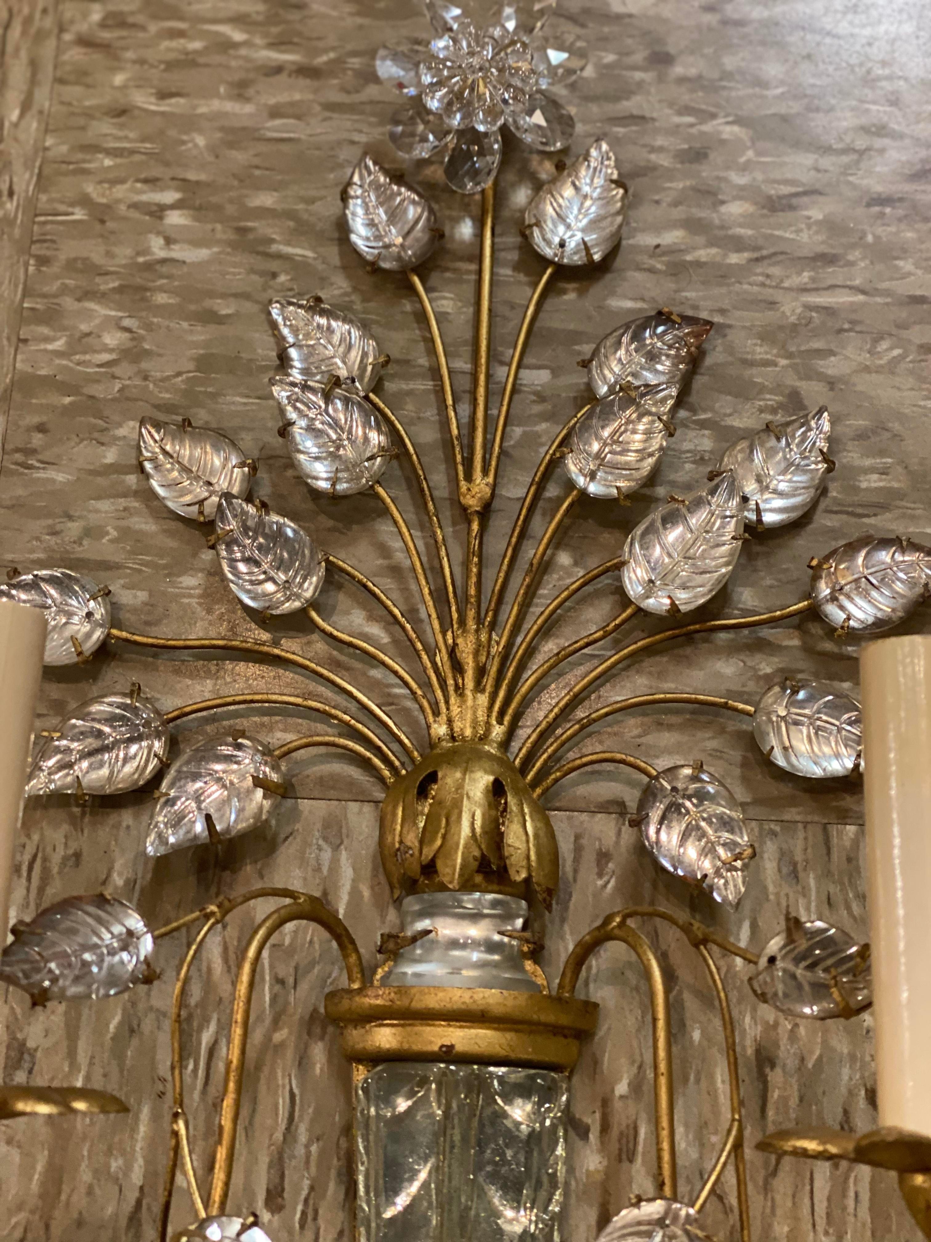 Mid-20th Century 1930's French Bagues Gilt Metal Sconces with Crystal Leaves For Sale