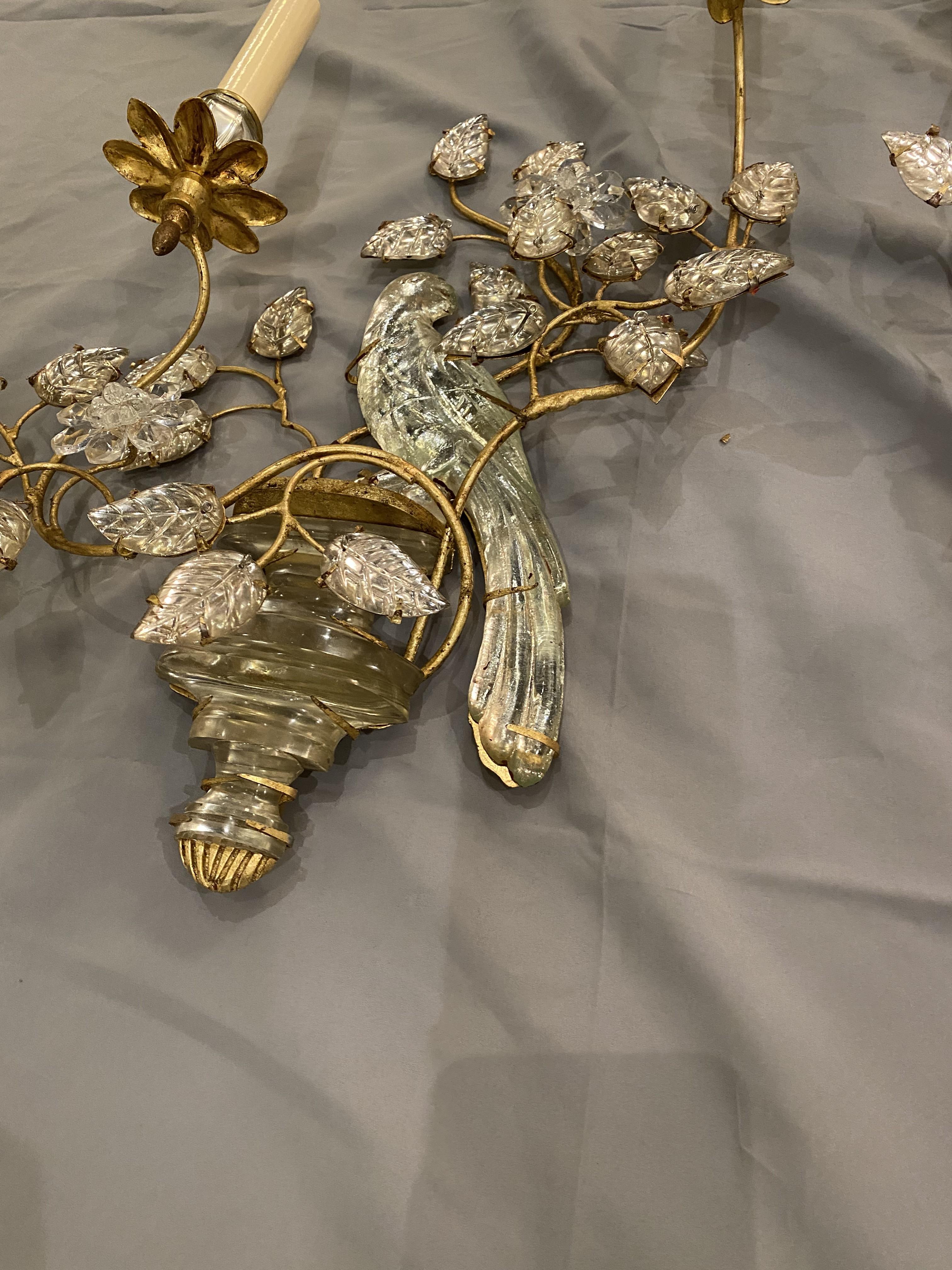 1930's French Bagues Gilt Metal 2 Lights Sconces with Crystal Birds For Sale 1