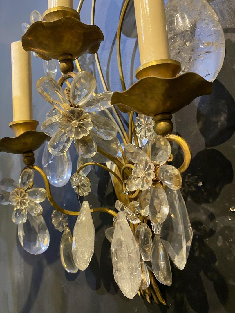Bronze 1930's French Bagues sconces with rock crystals