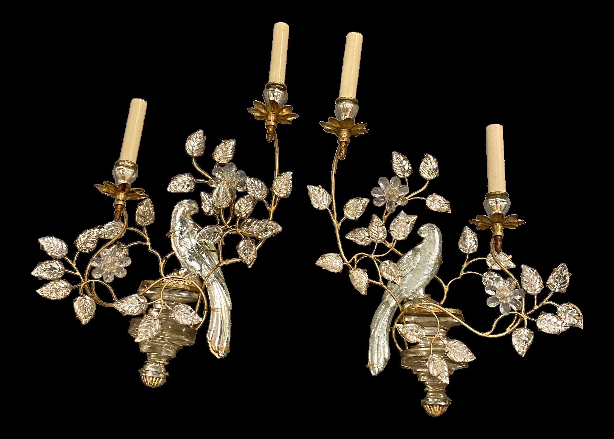 1930's French Bagues Gilt Metal 2 Lights Sconces with Crystal Birds For Sale 2