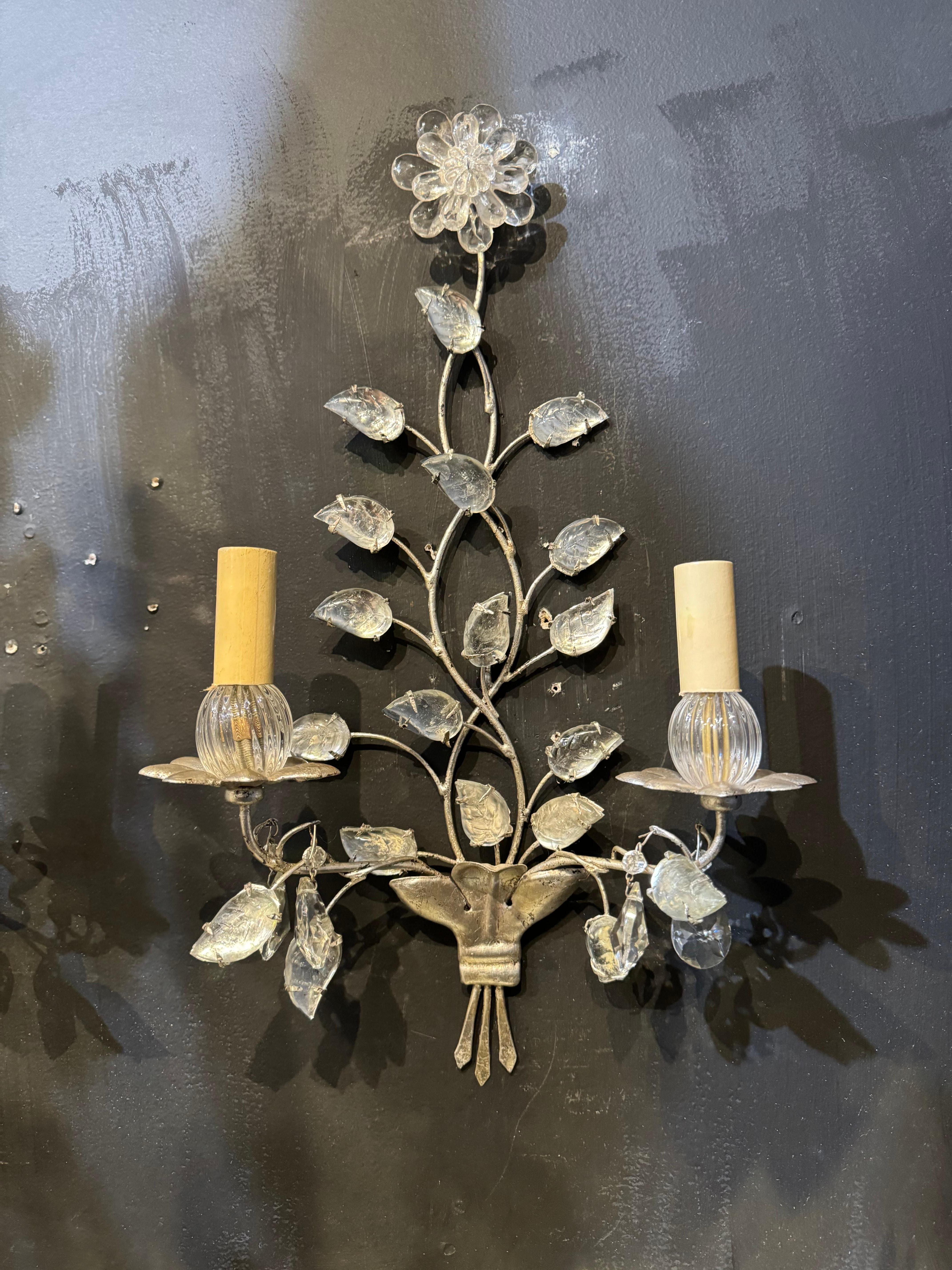 Metal 1930’s French Bagues Silver Leaf Sconces  For Sale