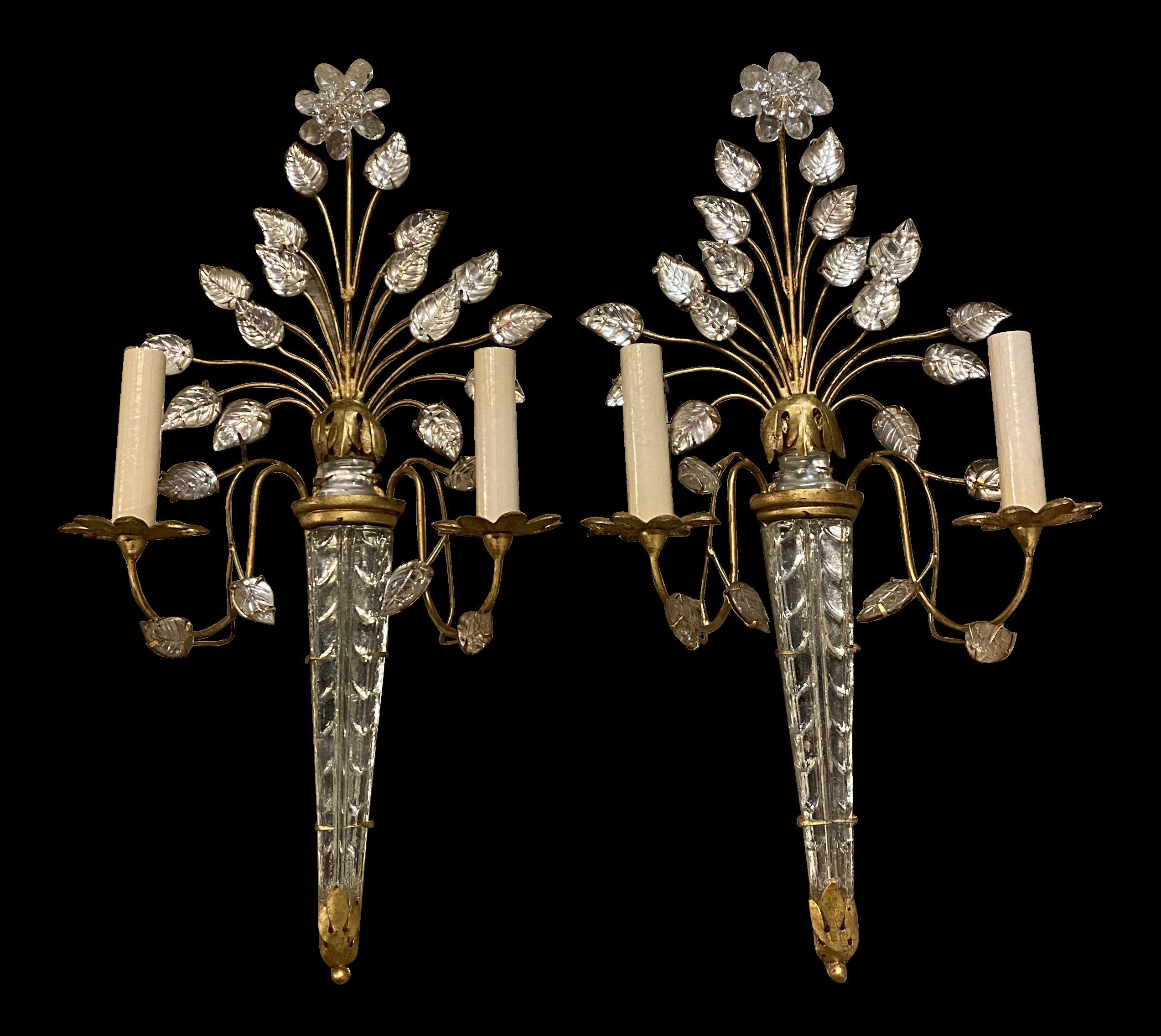 1930's French Bagues Gilt Metal Sconces with Crystal Leaves For Sale 3