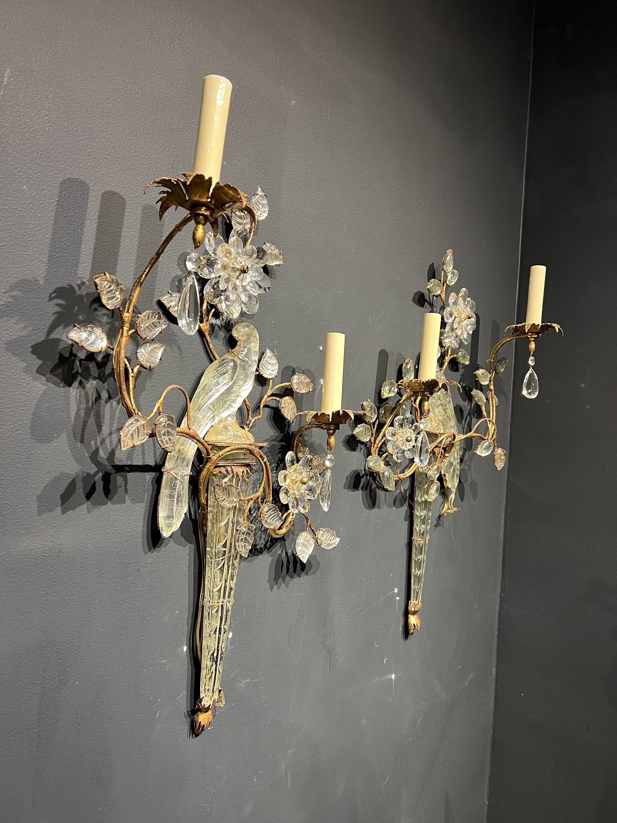 1930's French Bagues Gilt Metal Bird Sconces with Two Lights For Sale 3