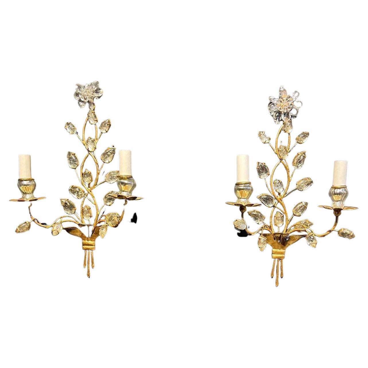 1930's French Bagues Gilt Metal Sconces with Glass Leaves For Sale