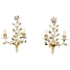 1930's French Bagues Gilt Metal Sconces with Glass Leaves