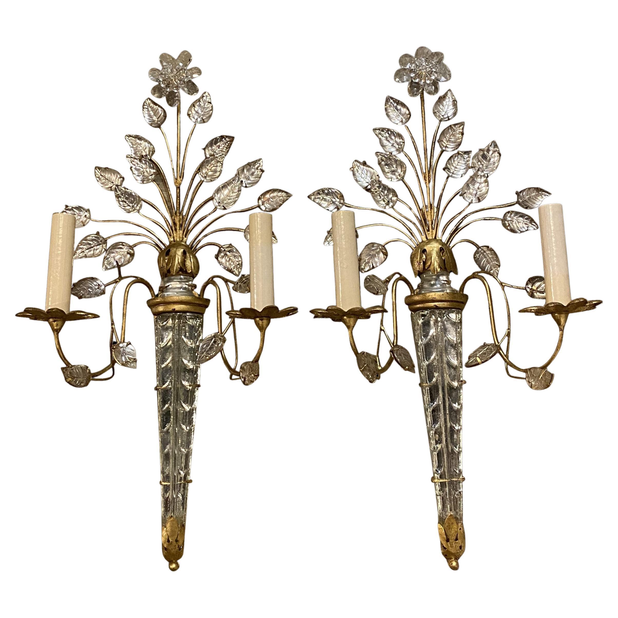 1930's French Bagues Gilt Metal Sconces with Crystal Leaves For Sale
