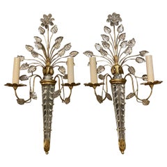 Vintage 1930's French Bagues Gilt Metal Sconces with Crystal Leaves